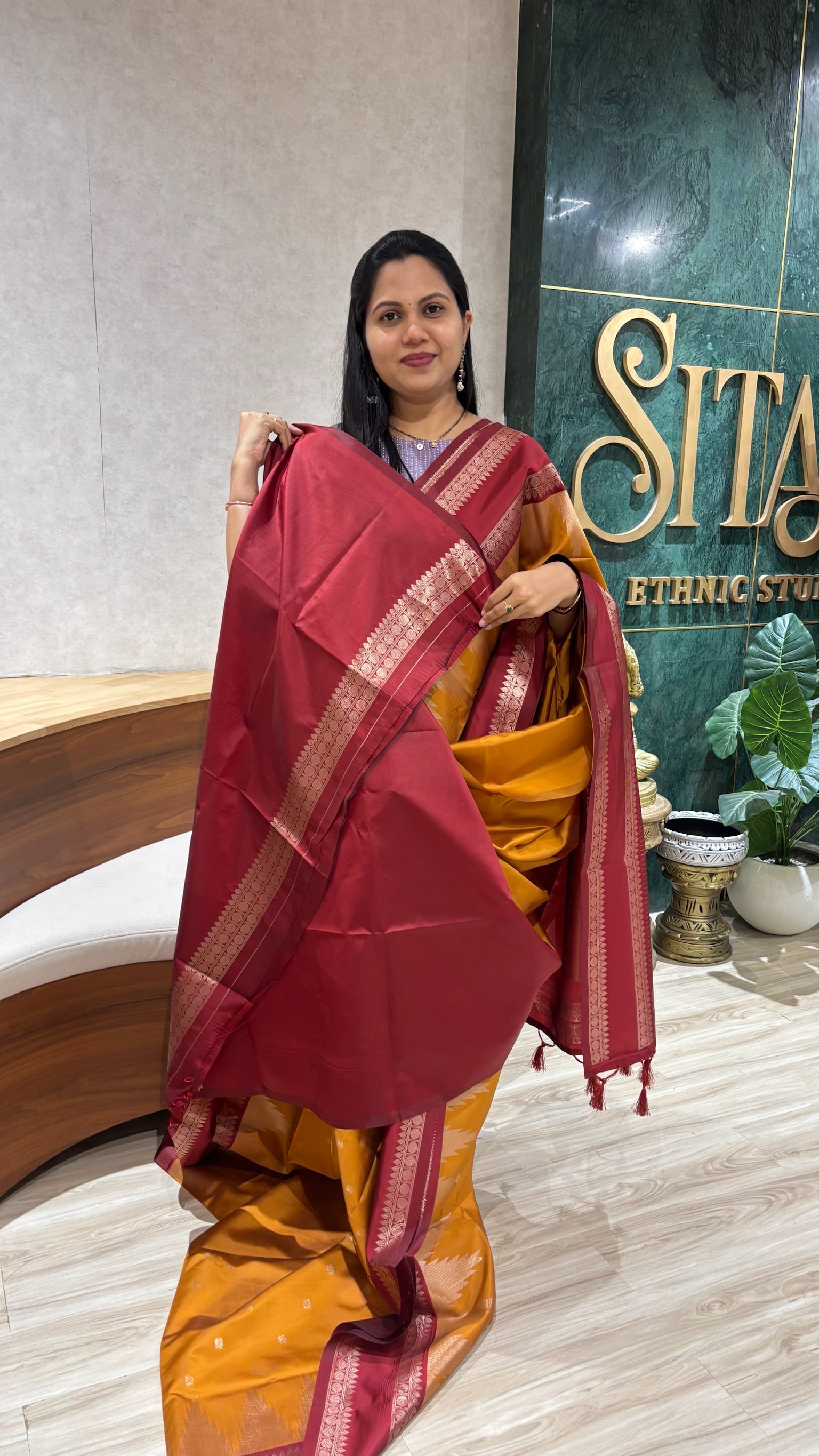 Fancy silk temple border yellow-maroon