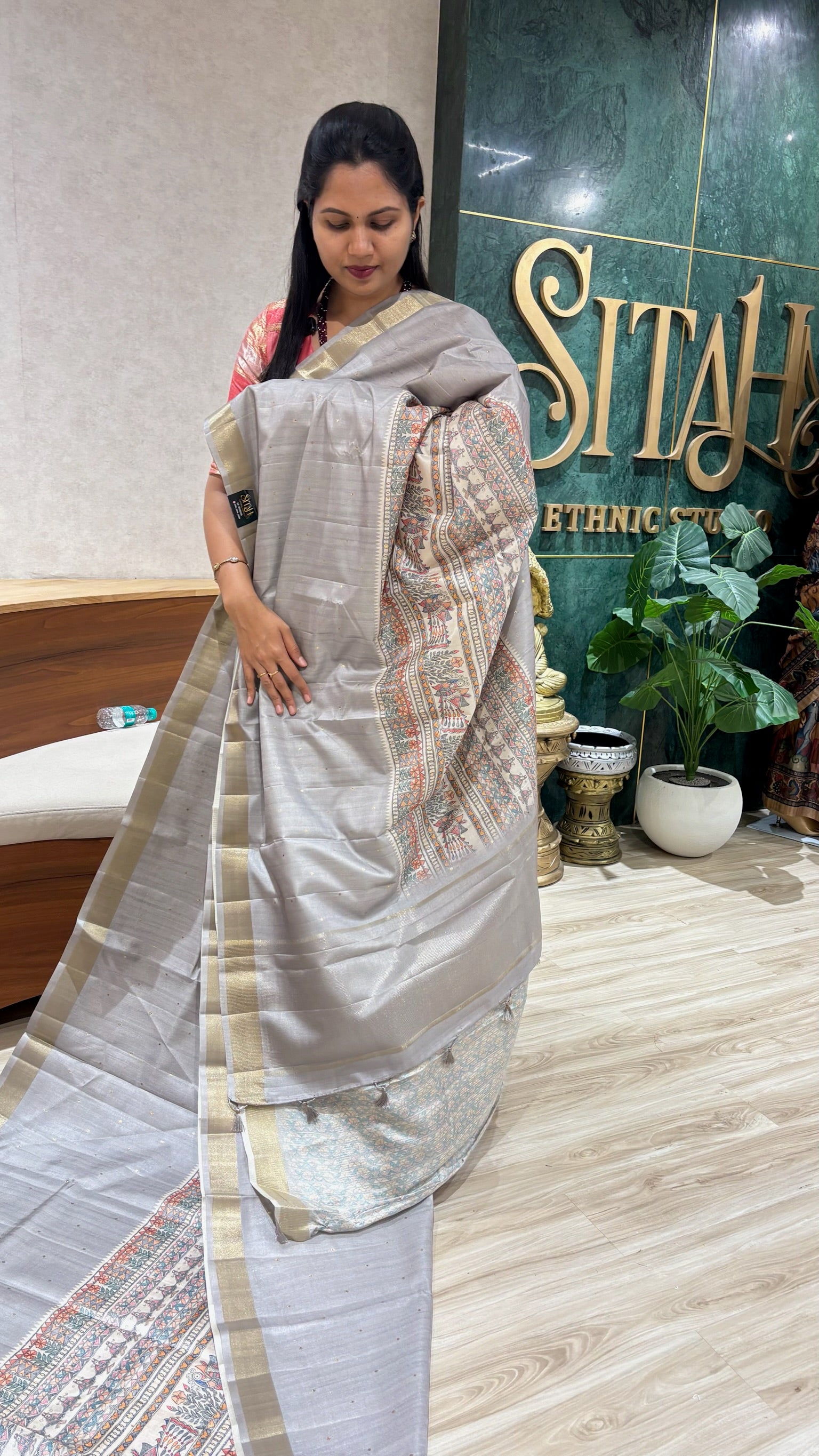 Madhubani printed tussur saree grey