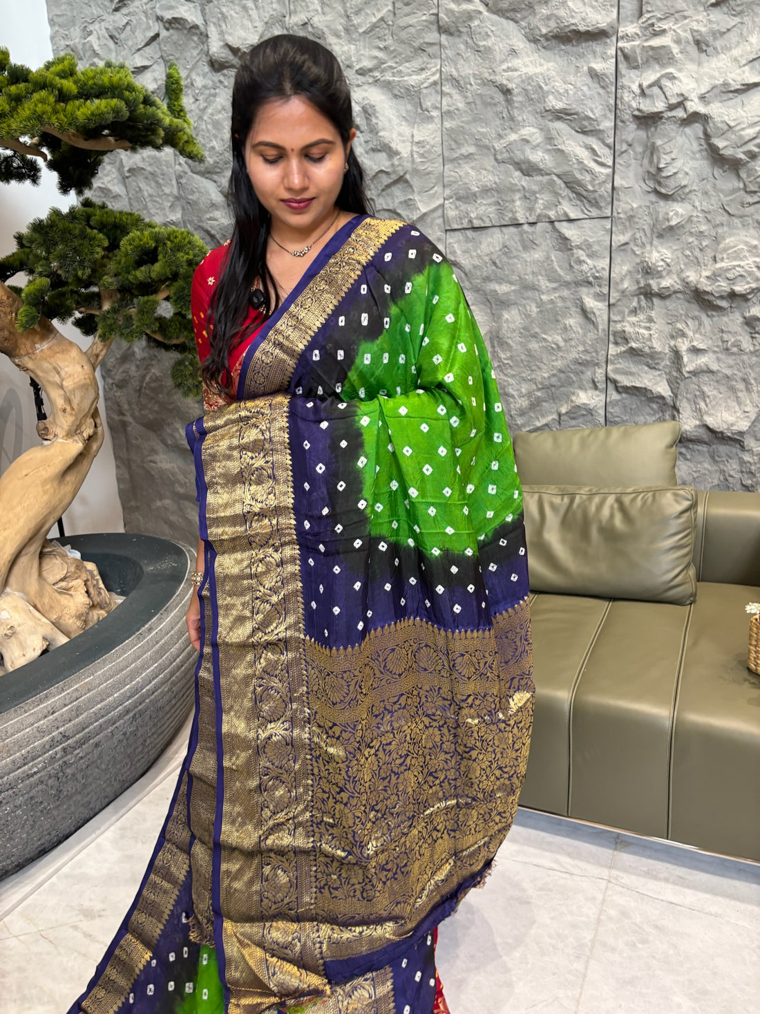 Green with blue bhandini sarees