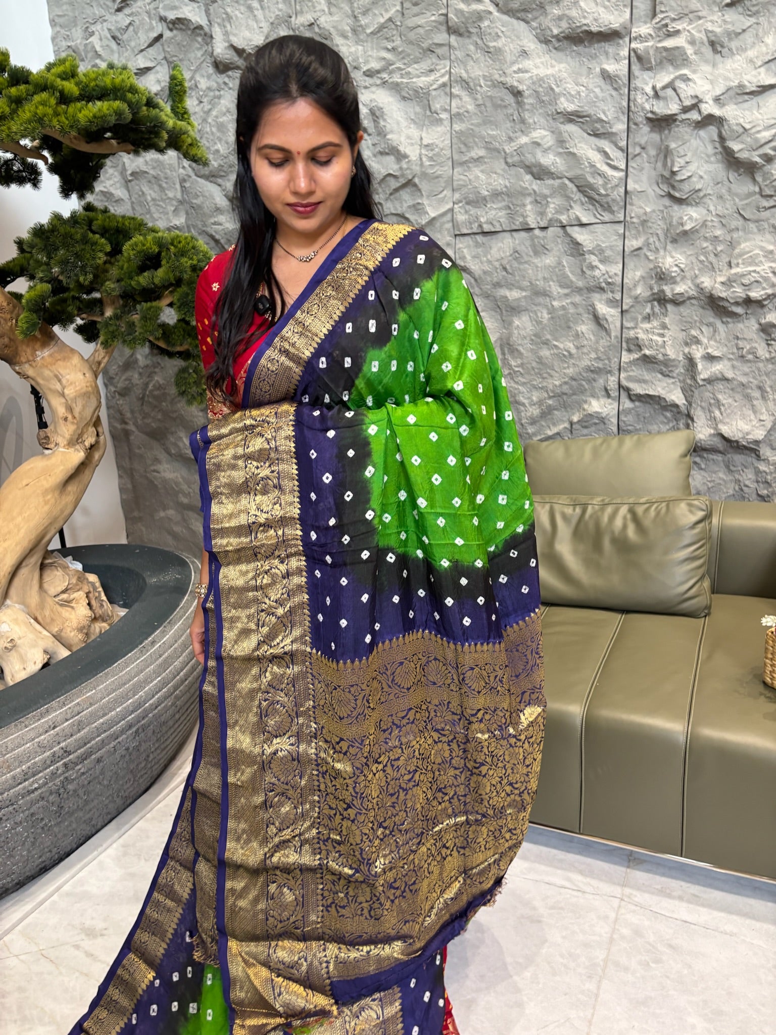 Green with blue bhandini sarees