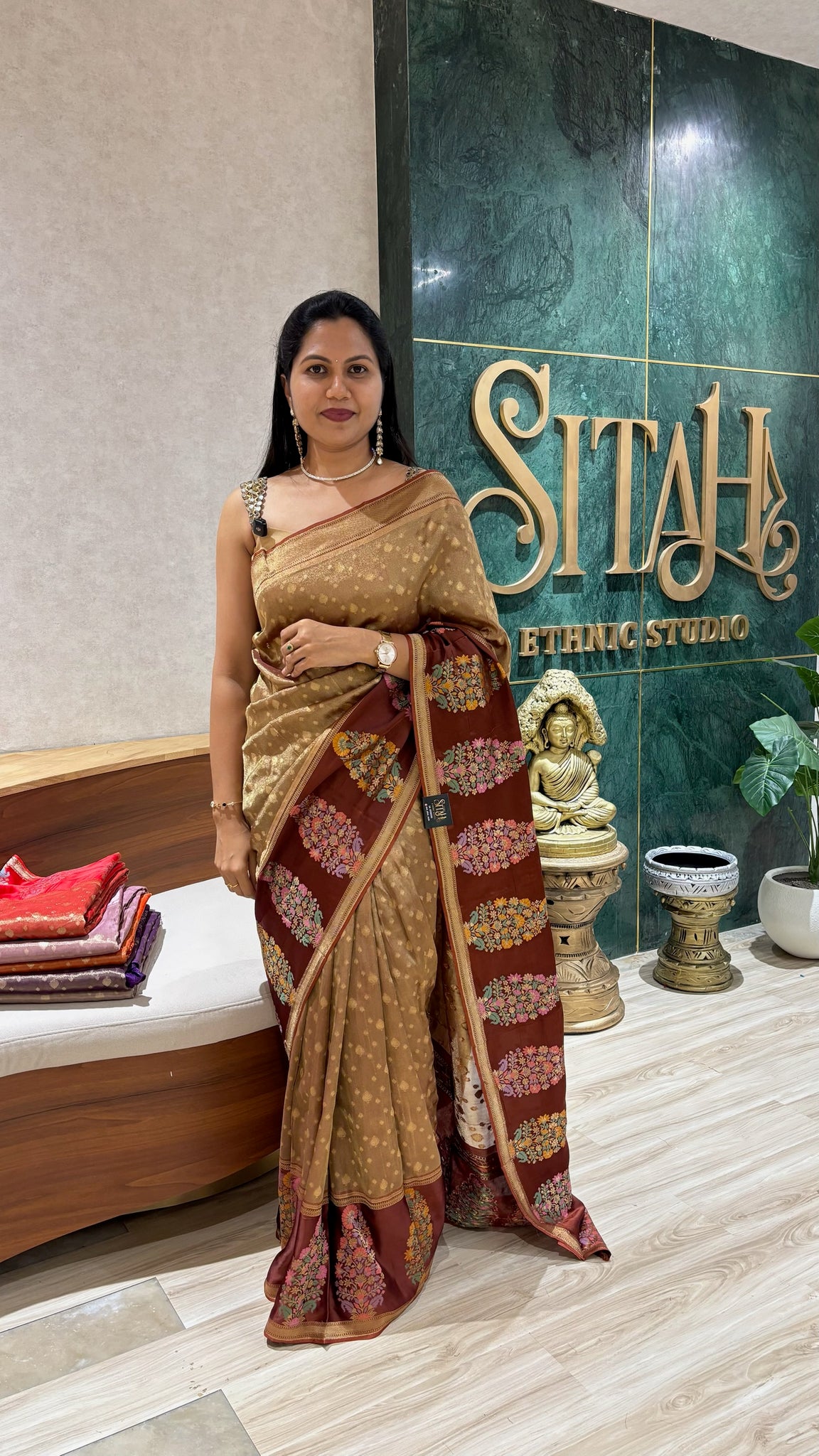 Banaras tissue mashru border earthy brown