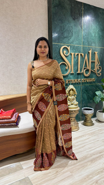 Banaras tissue mashru border earthy brown