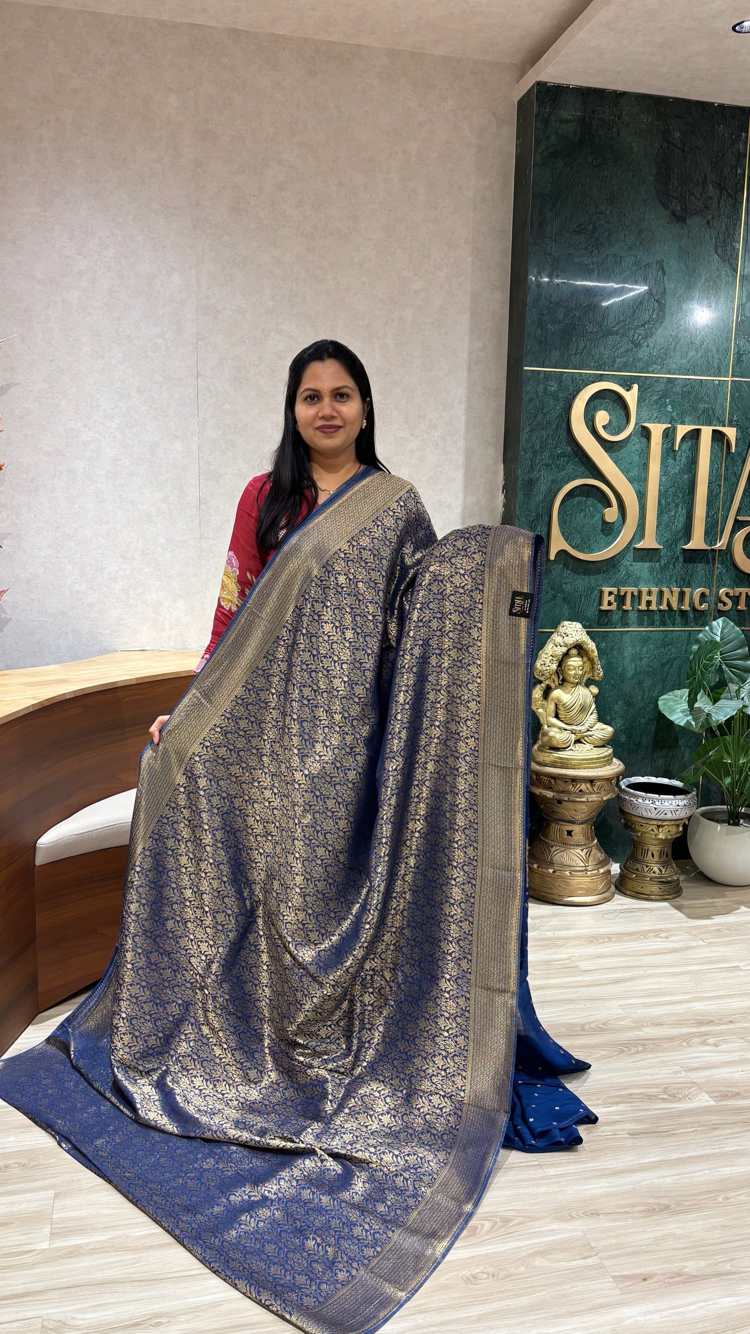 Crepe brocade silk blue