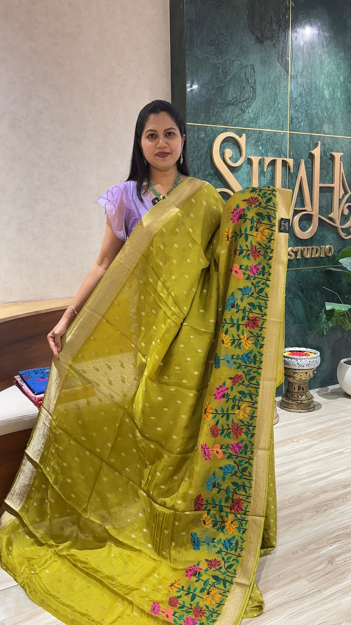 Crepe organza mehndi green