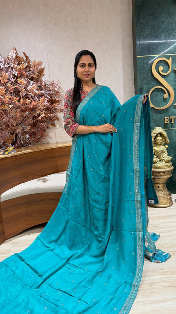 Chinnon crepe work saree sea blue