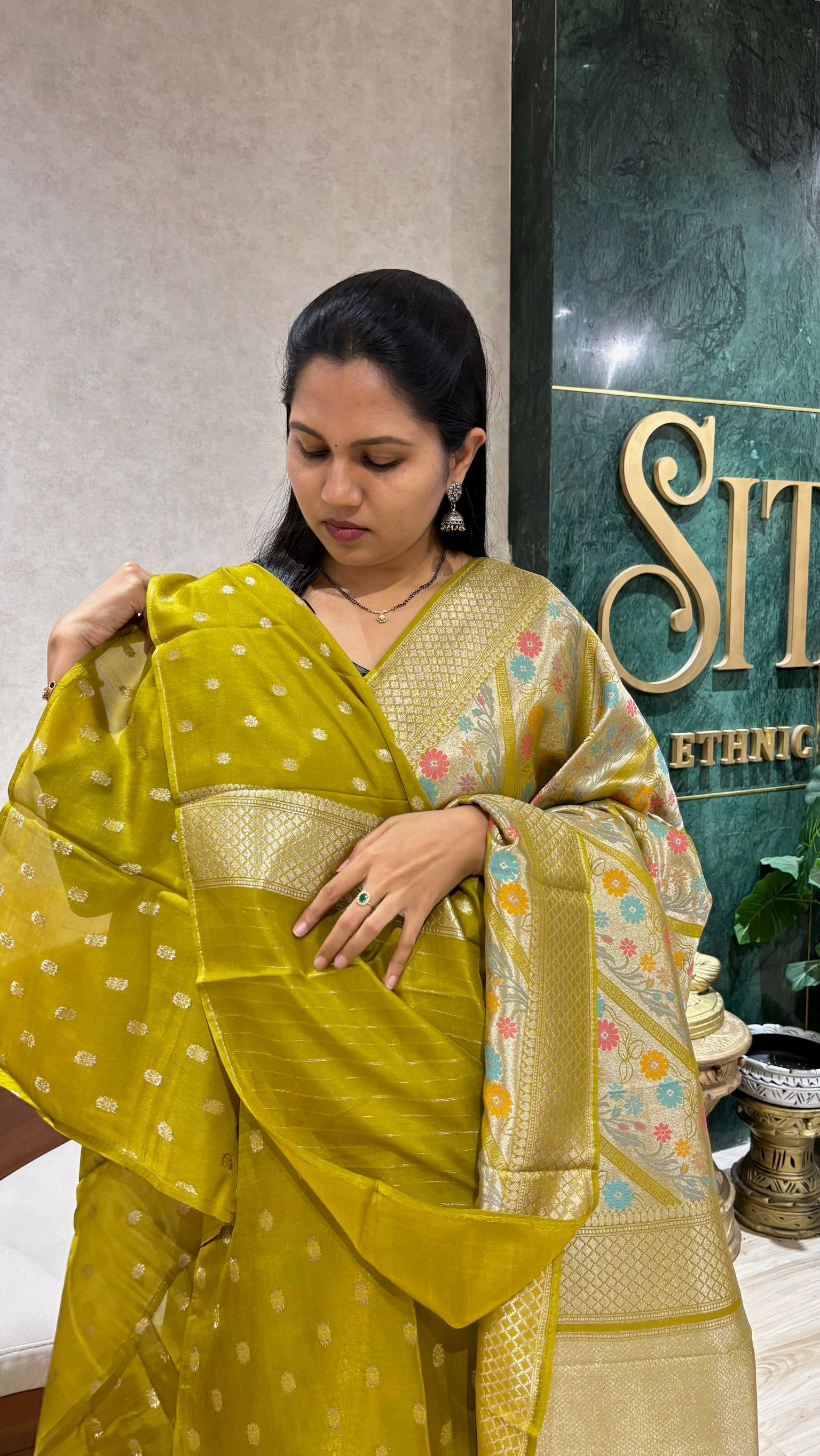 Banaras tissue georgette Mehndi green