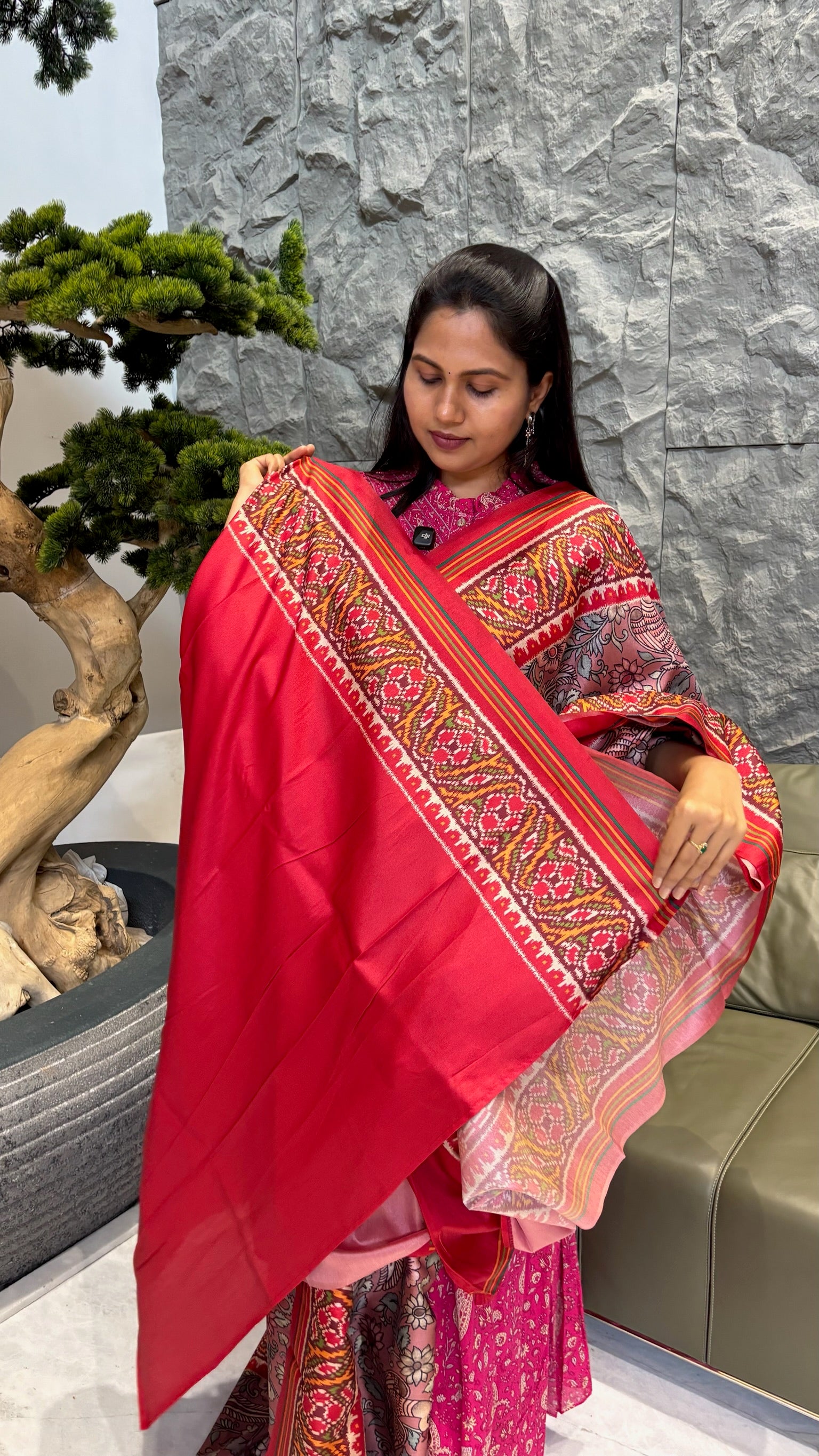 Tussar kalamkari patola peach - peacock design