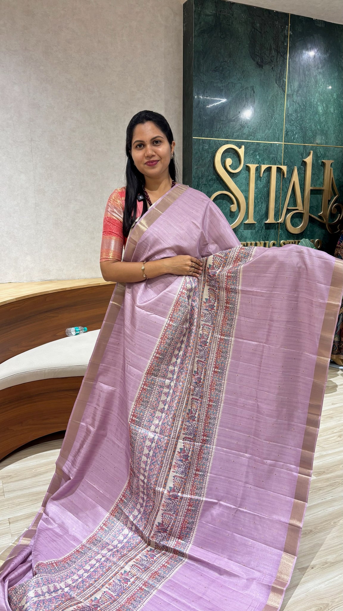 Madhubani printed tussur saree onion pink
