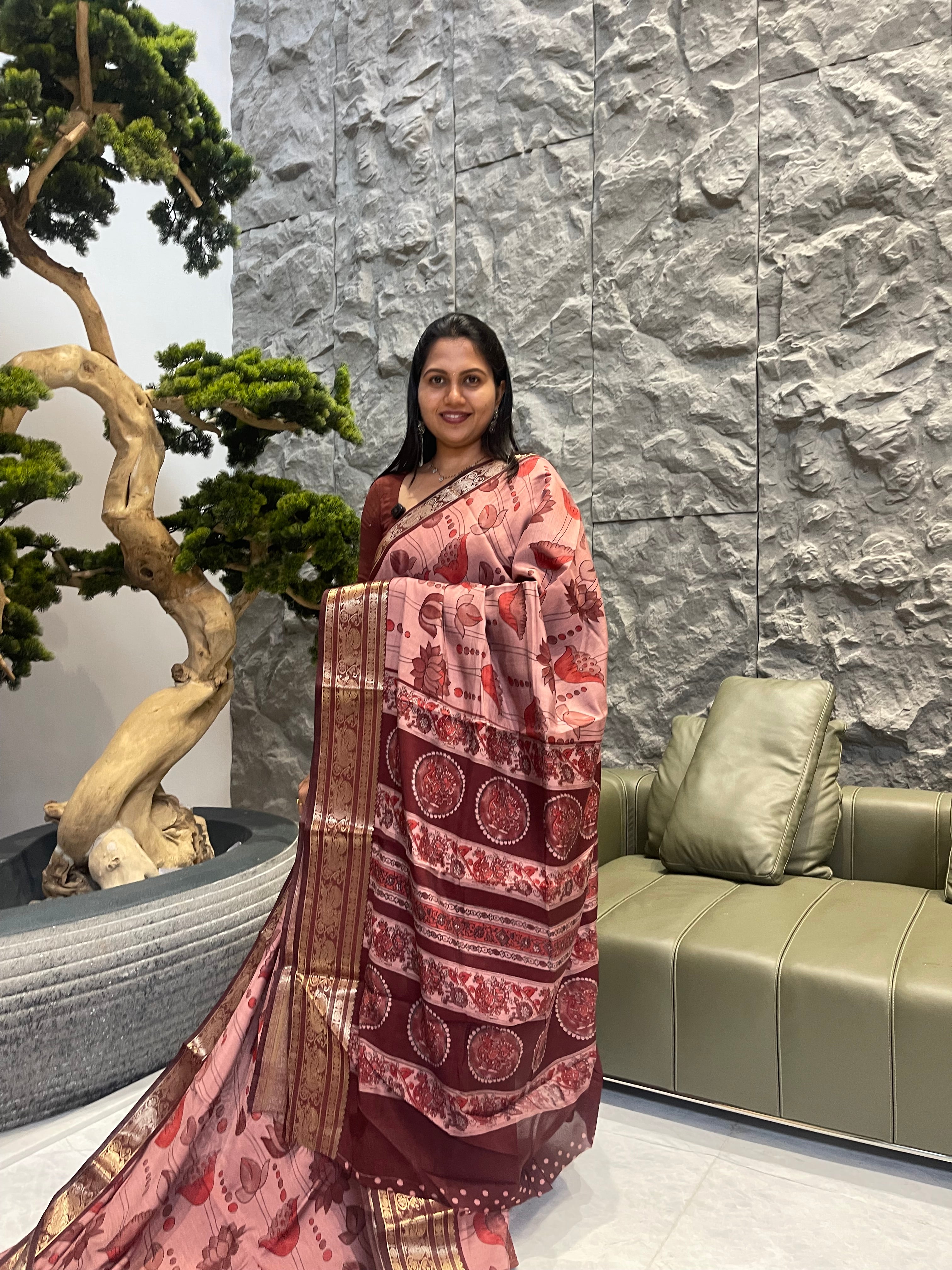 Peach with maroon Mangalgiri silk saree