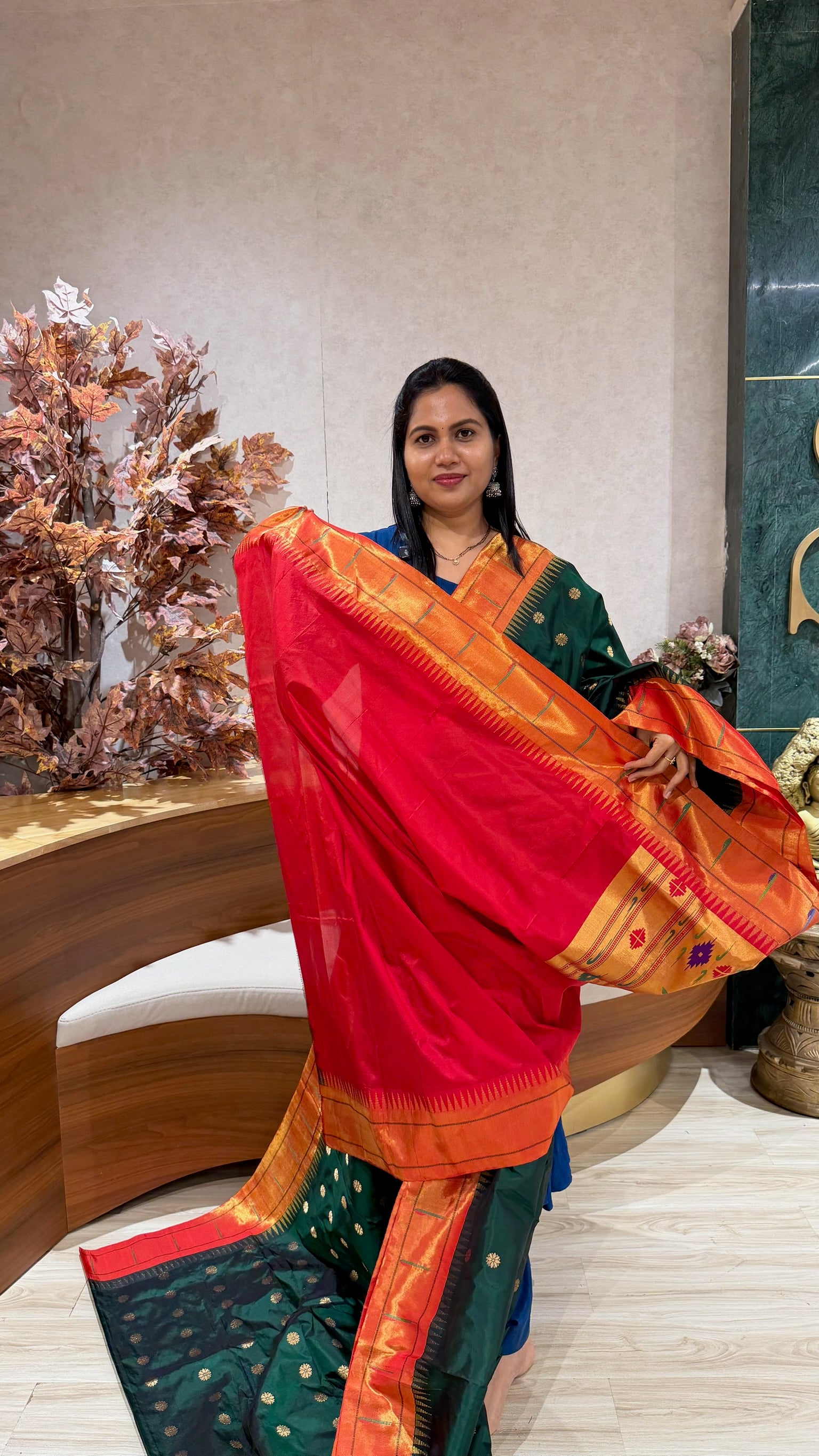 Pure silk paithani dark bottle green