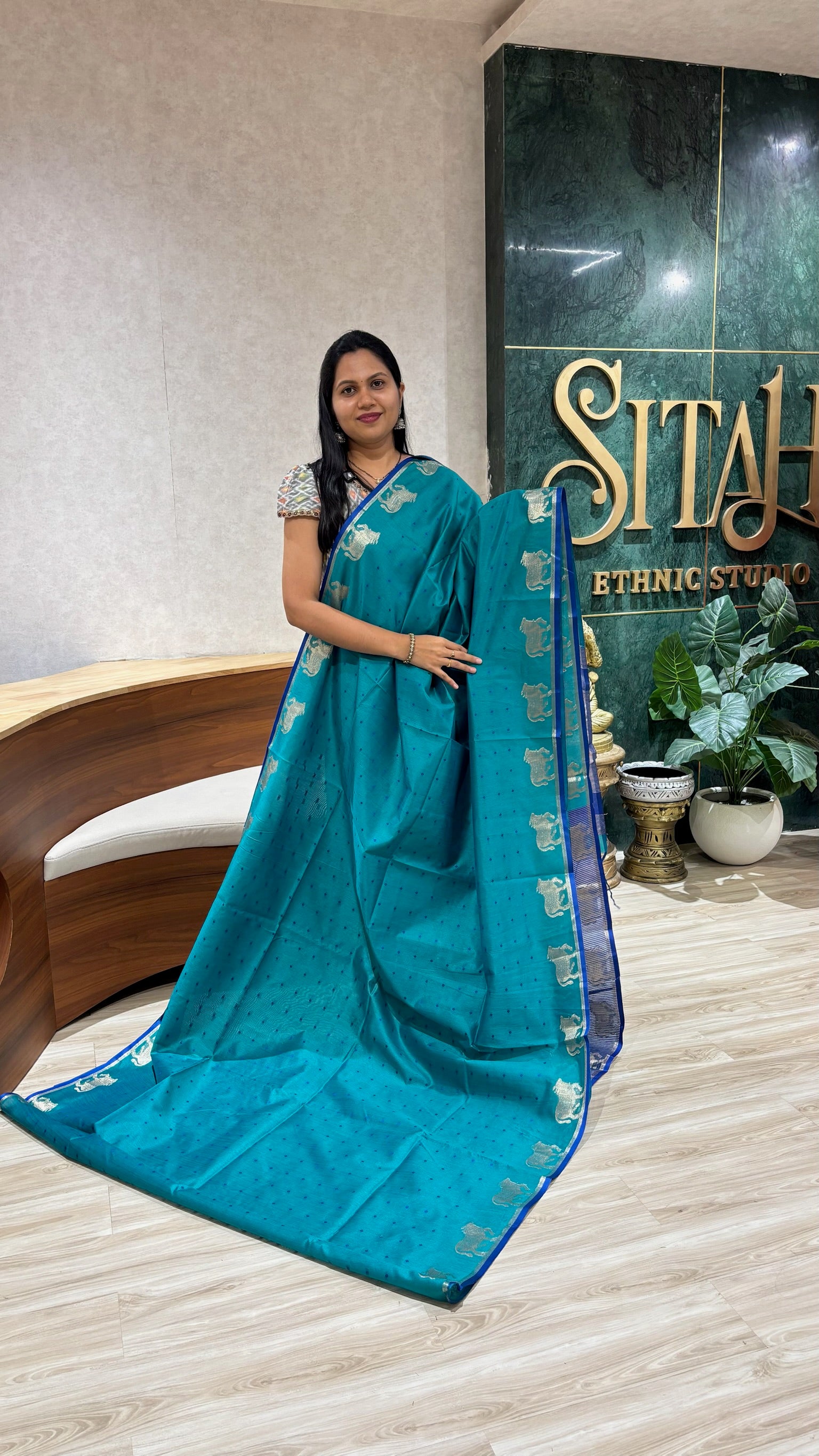 Tussar design cow buti -sea green