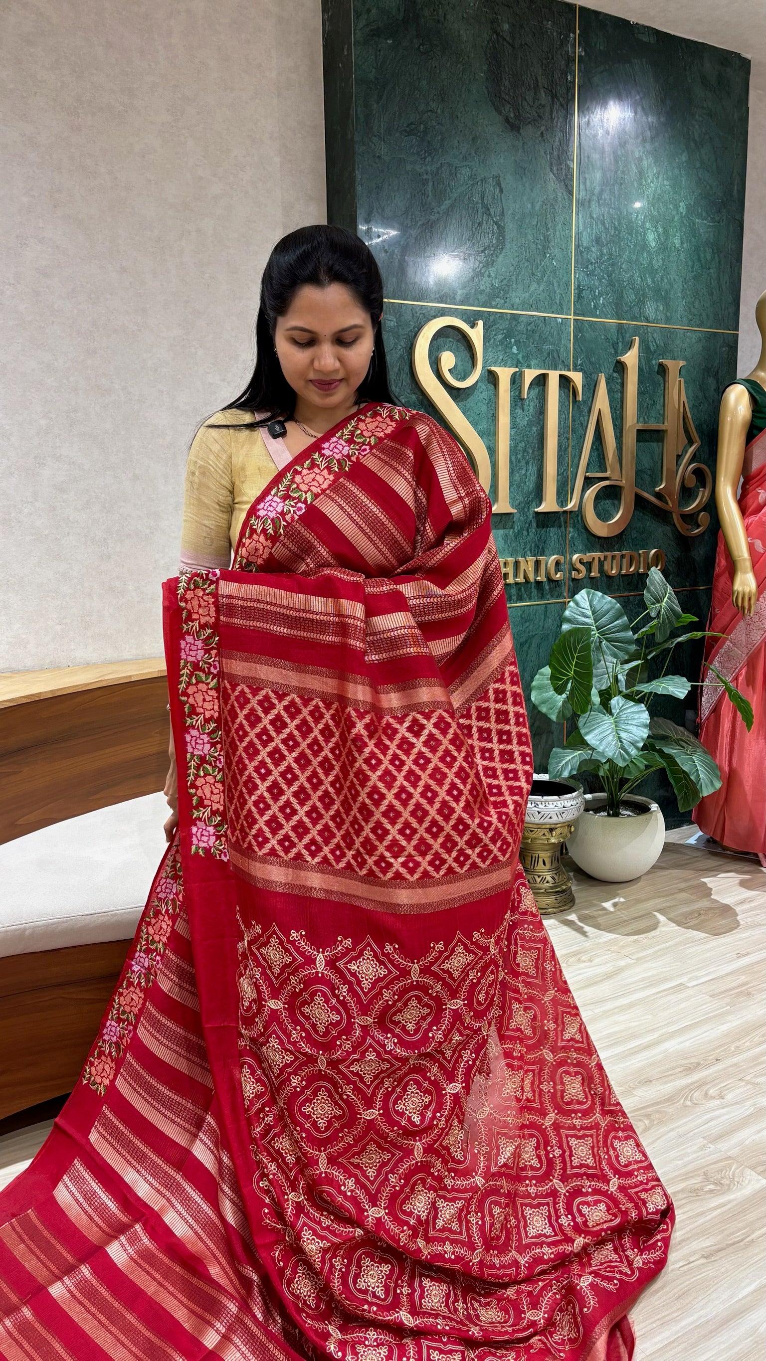 Border work saree red