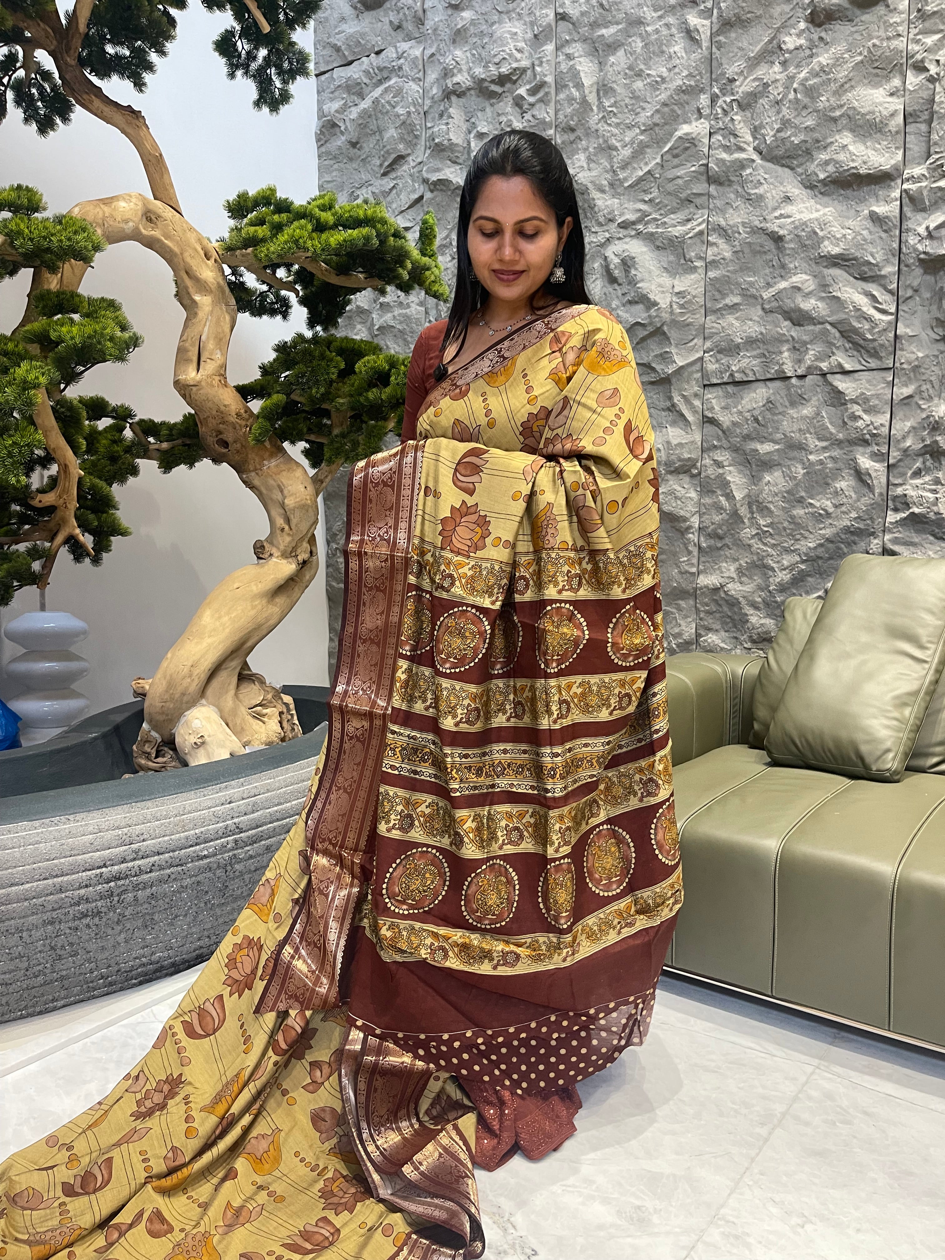 Yellow with brown Managalagiri silk saree