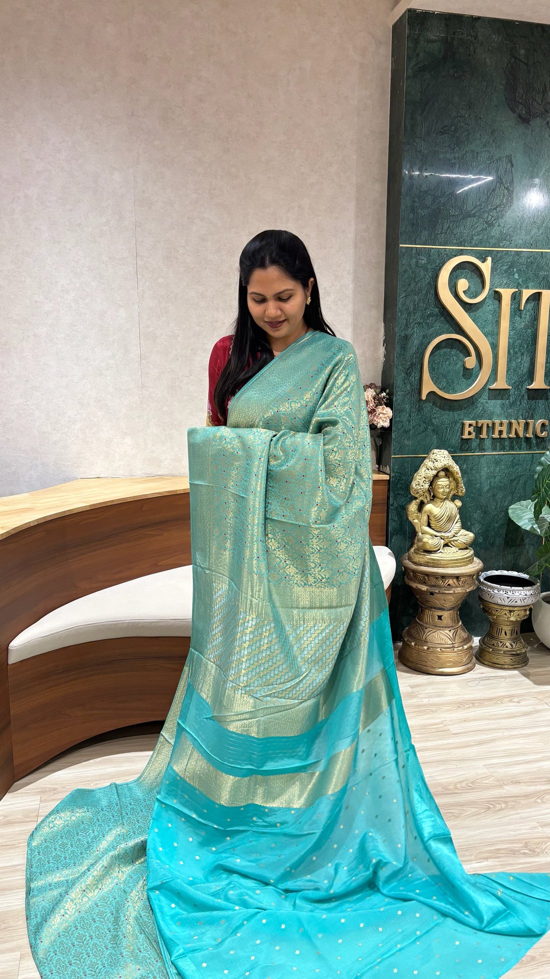 Crepe brocade silk  sea blue