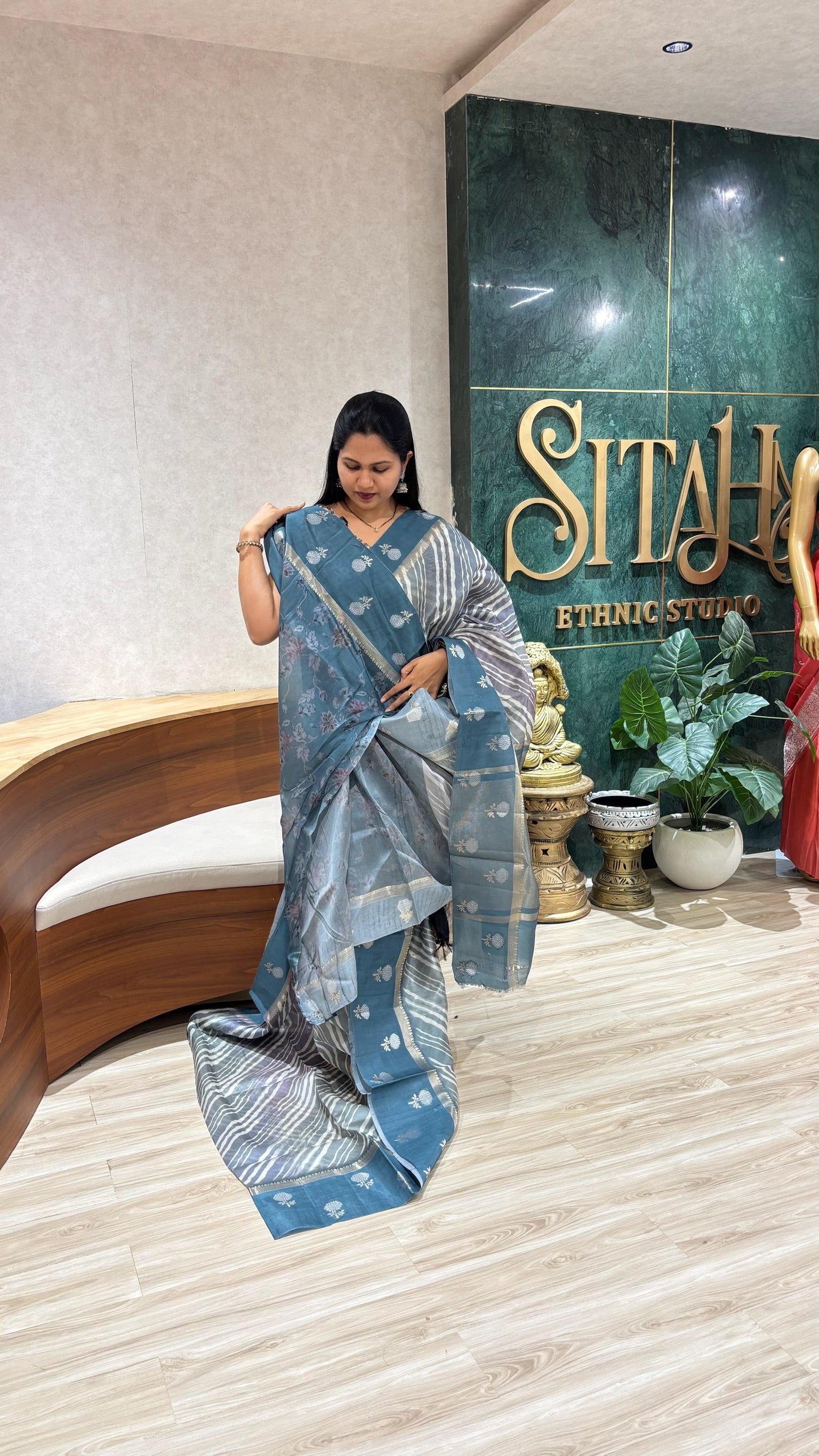 Tussar saree peacock blue