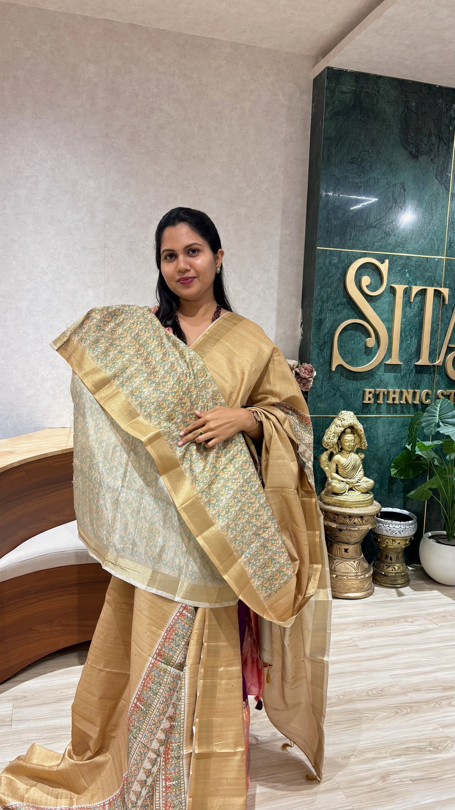 Madhubani printed tussur saree golden yellow