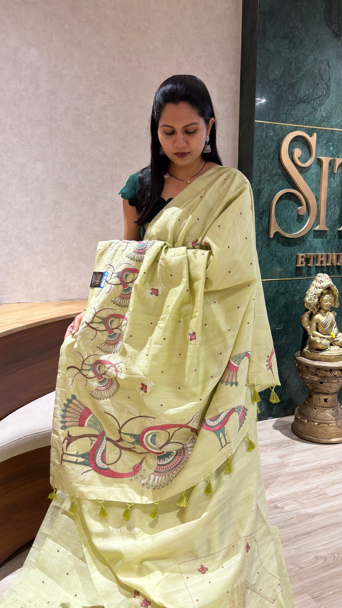 Tussar embroidery parrot green
