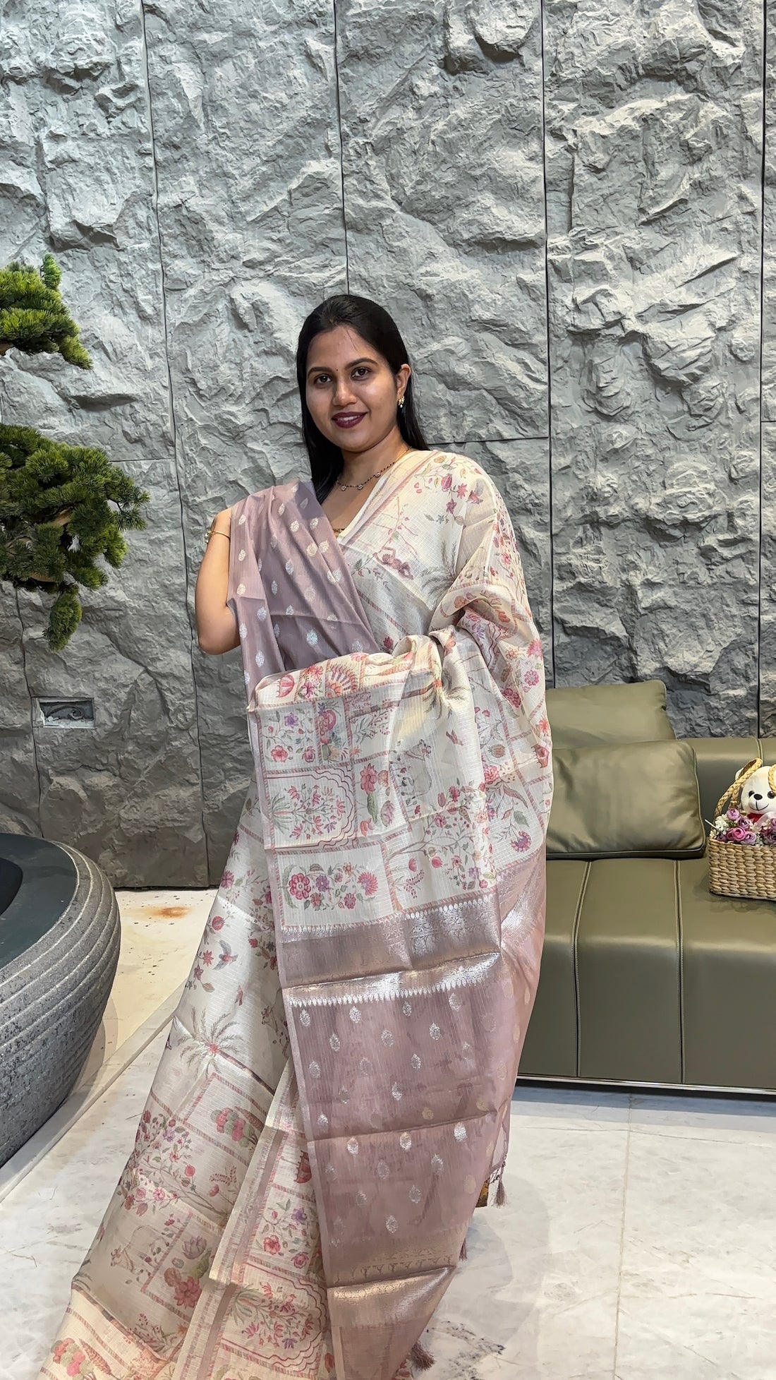 Cream dustypink kota saree