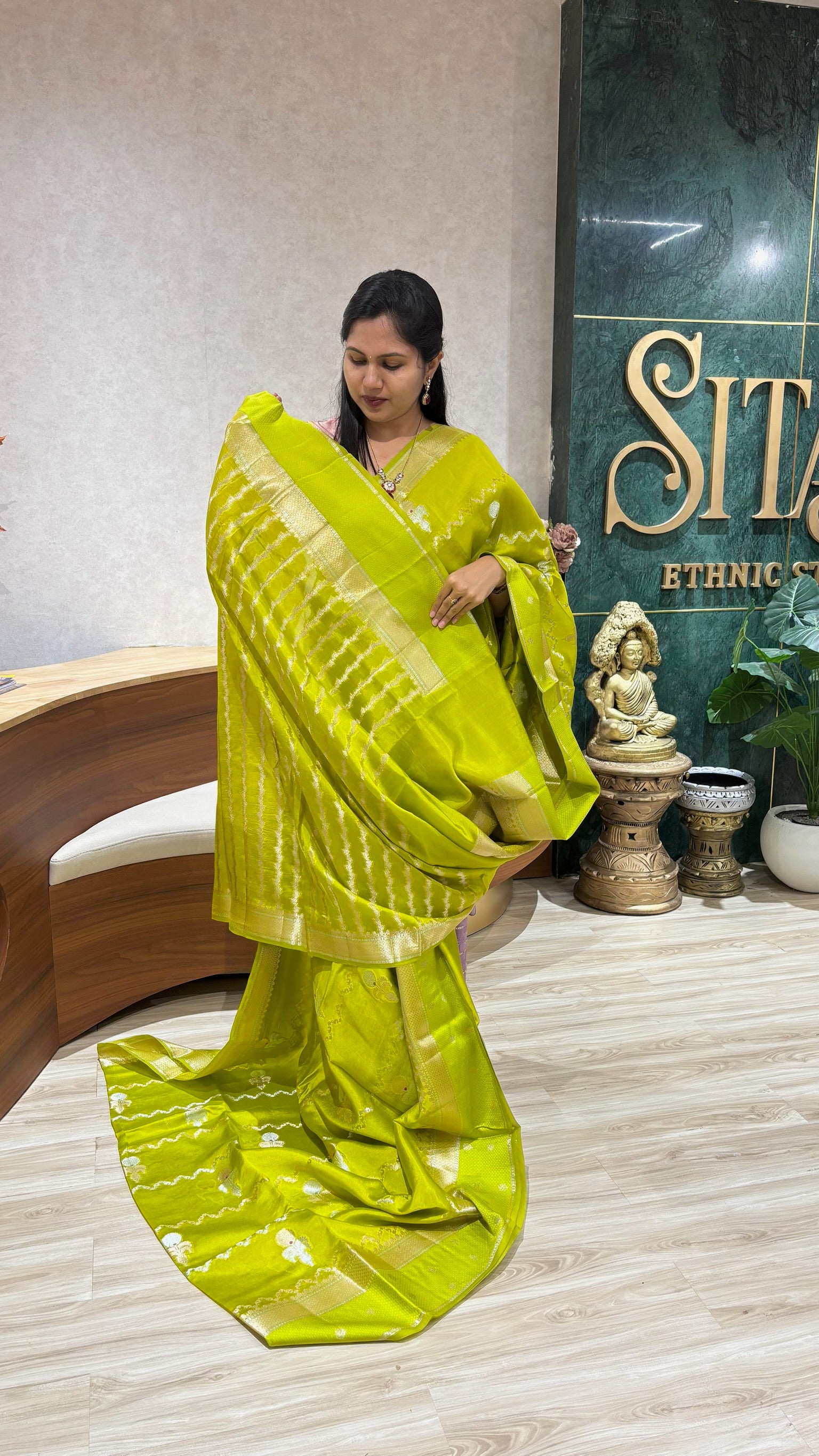 Pure Chanderi saree parrot green