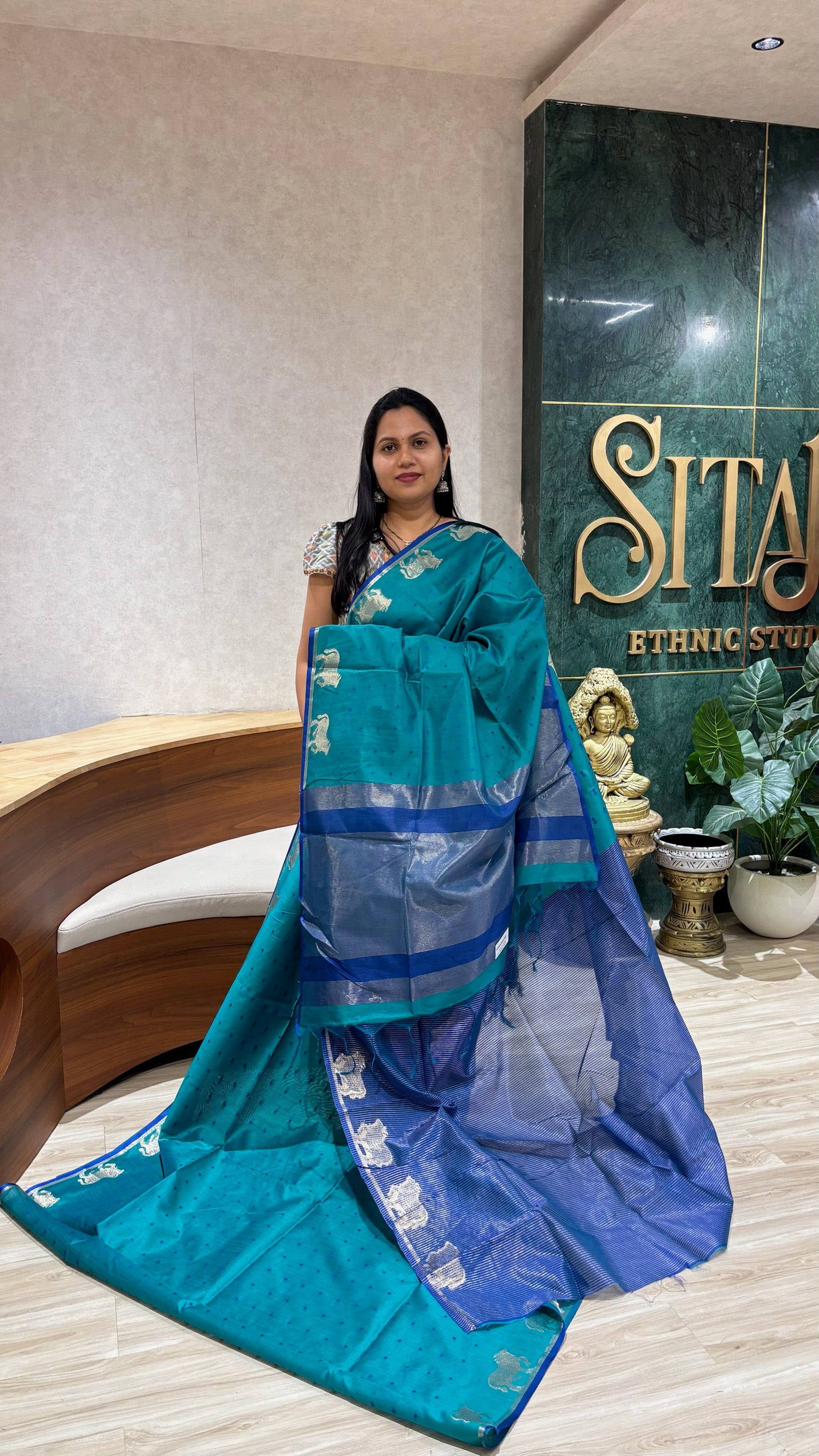 Tussar design cow buti -sea green