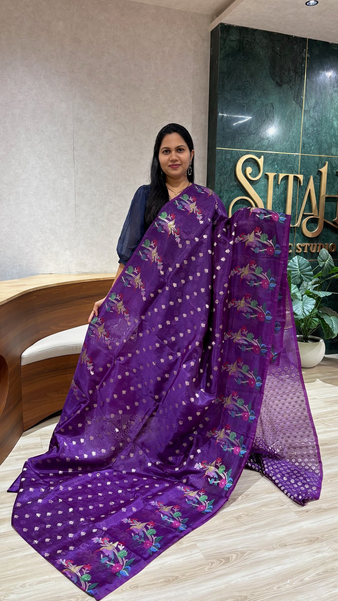 Paper silk buti border purple