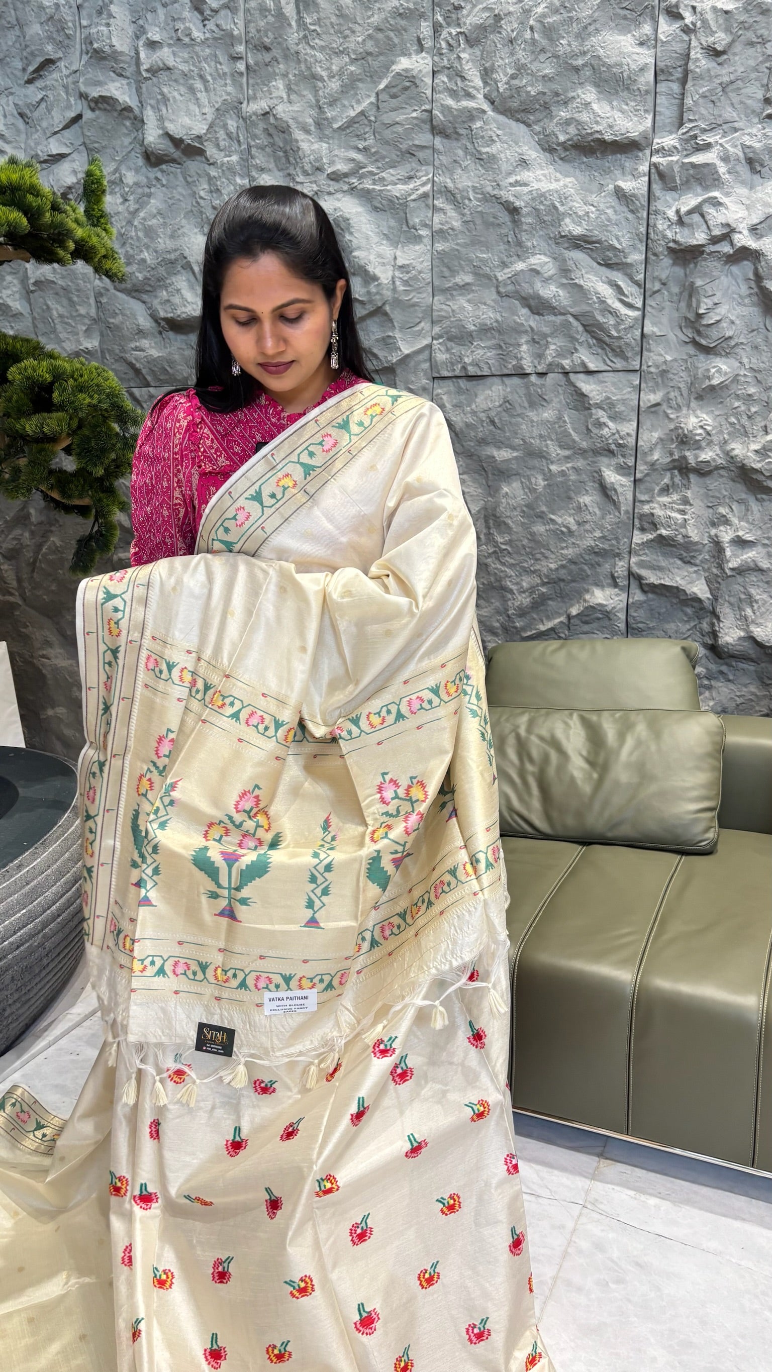 Tussar paithani creamwhite