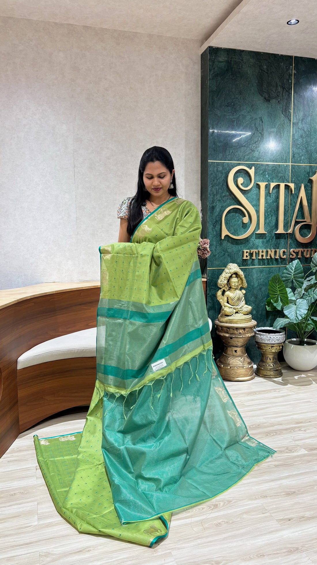 Tussar design cow buti -green