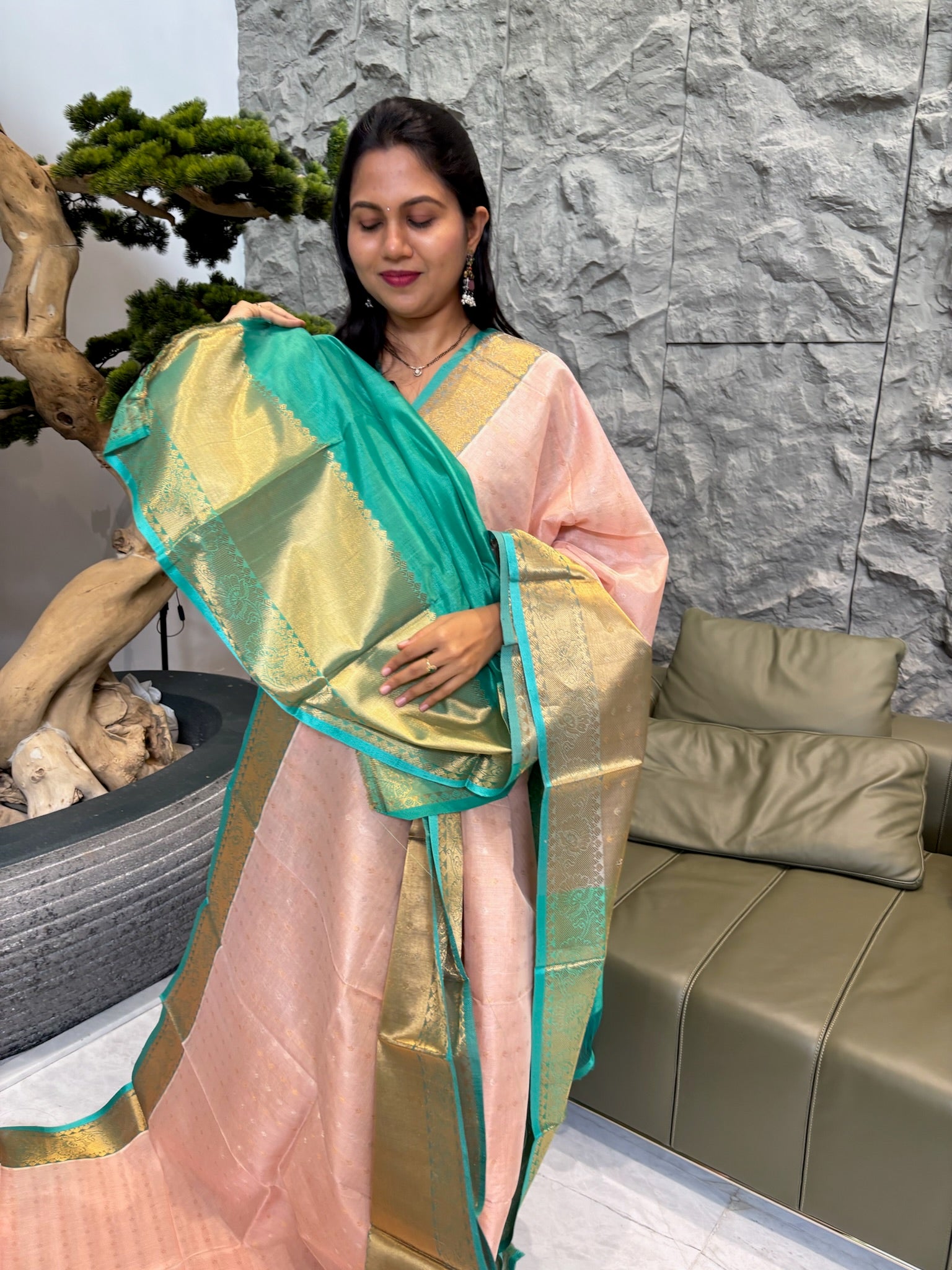 Mangalagiri pattu kanchi style peach sea green