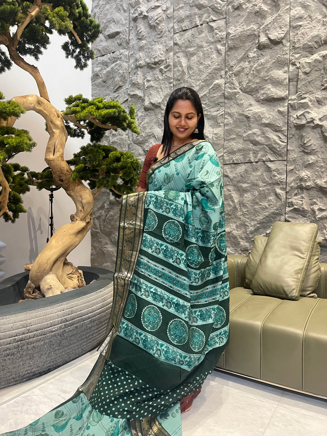 Aqua blue with green mangalgiri silk saree