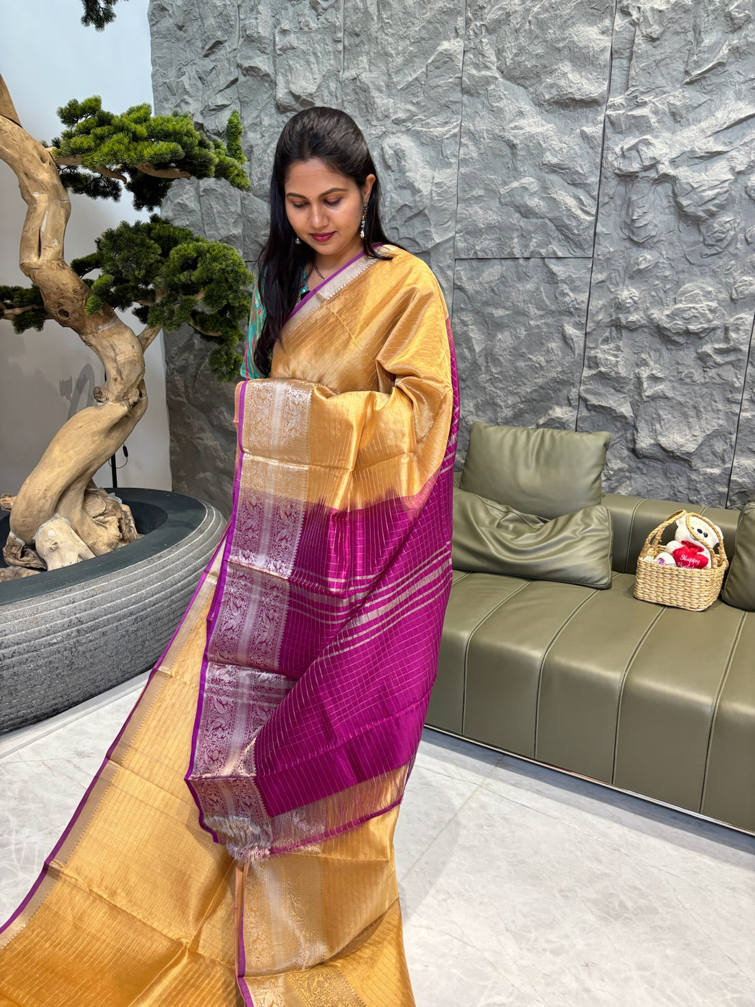 Mangalagiri pattu  golden yellow with wine