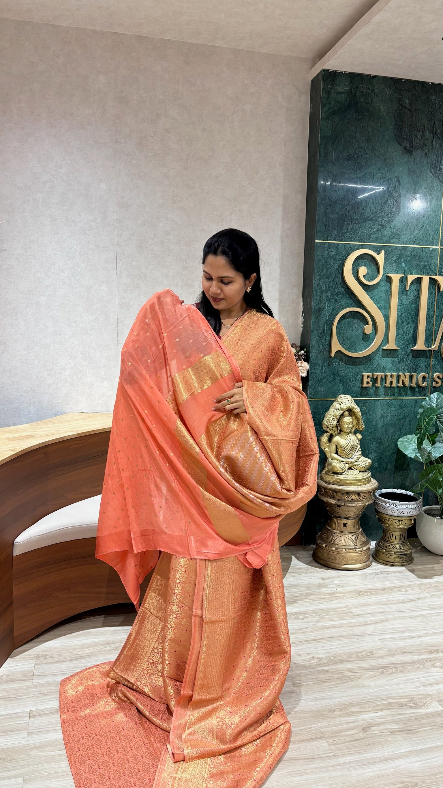 Crepe brocade silk peach