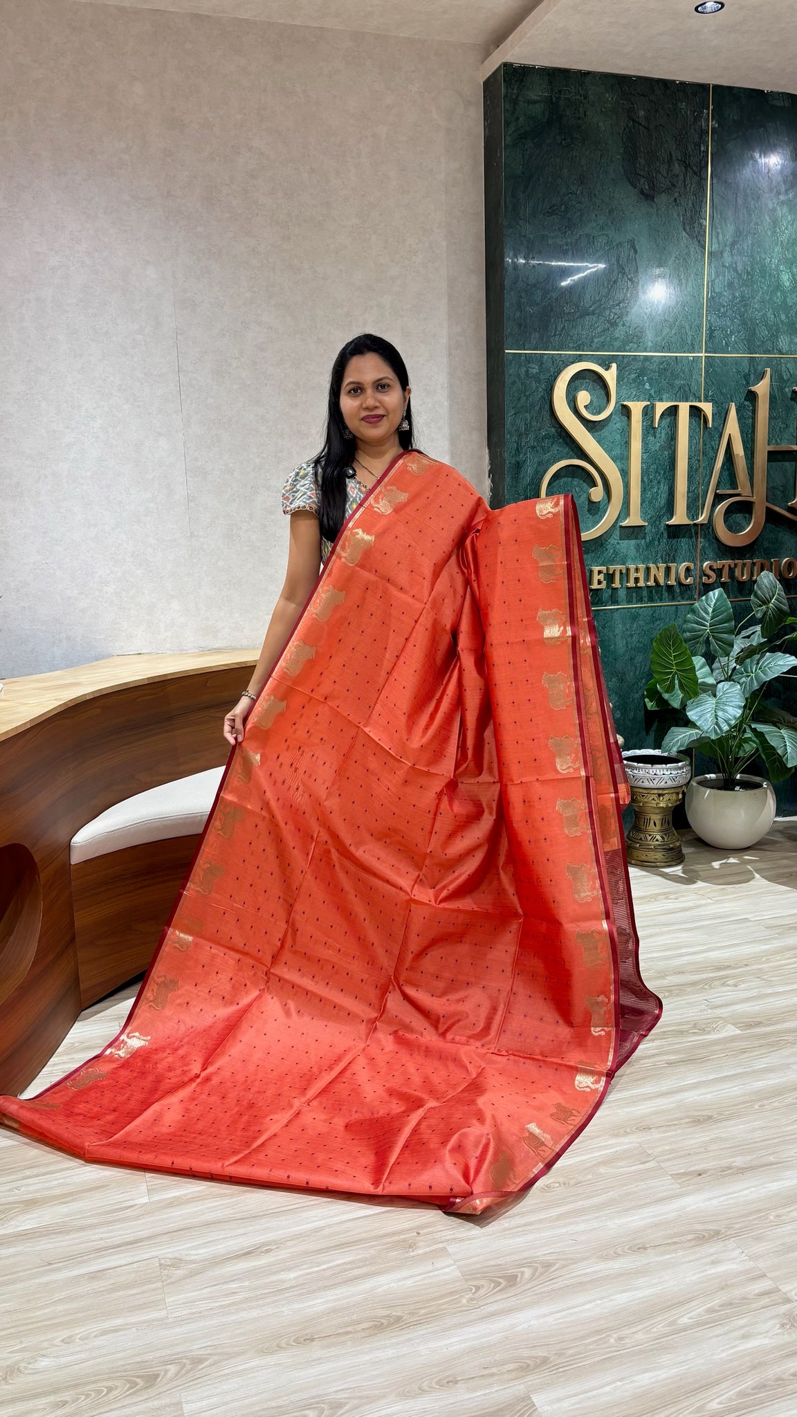 Tussar design cow buti-peach