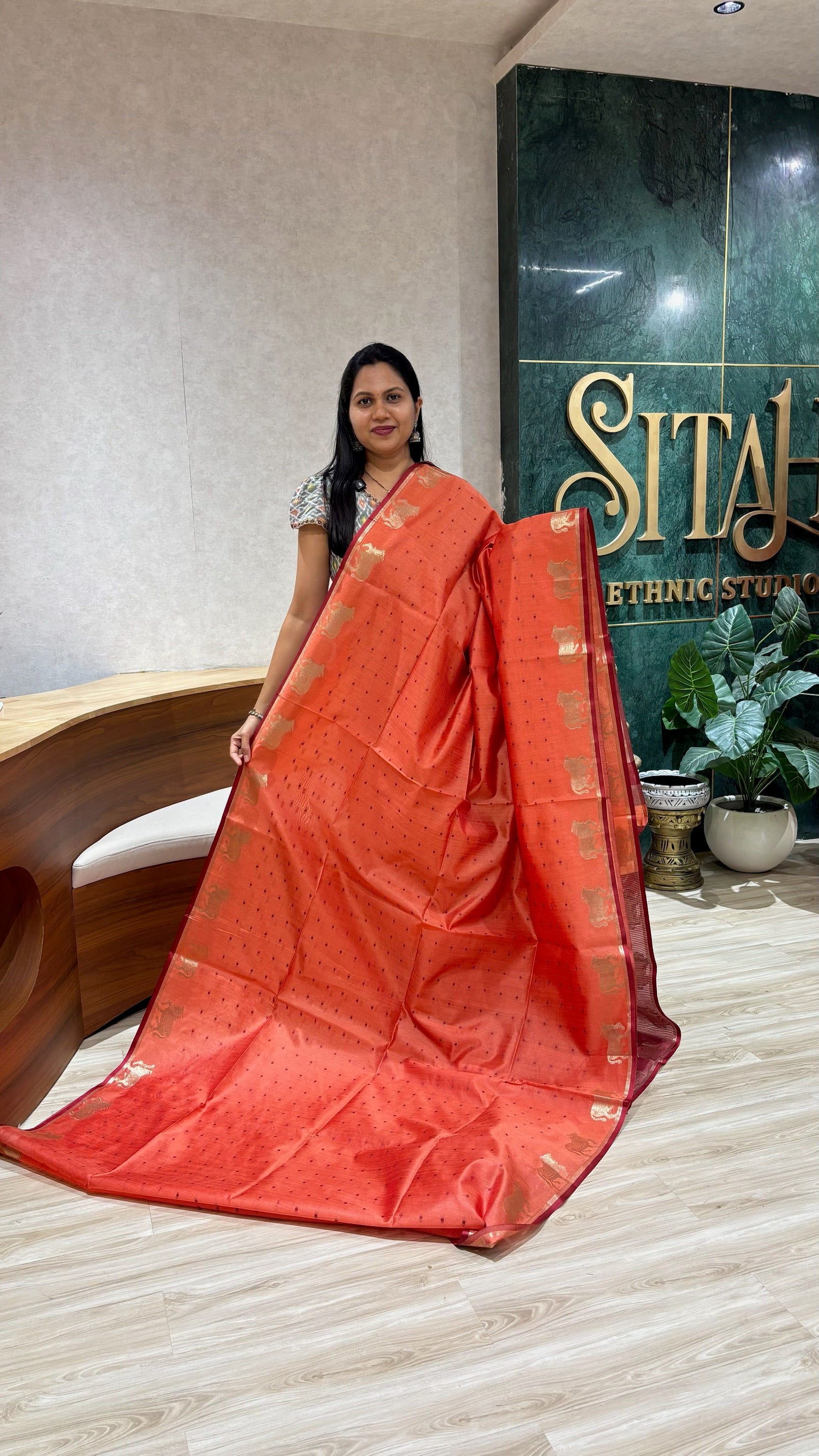 Tussar design cow buti-peach