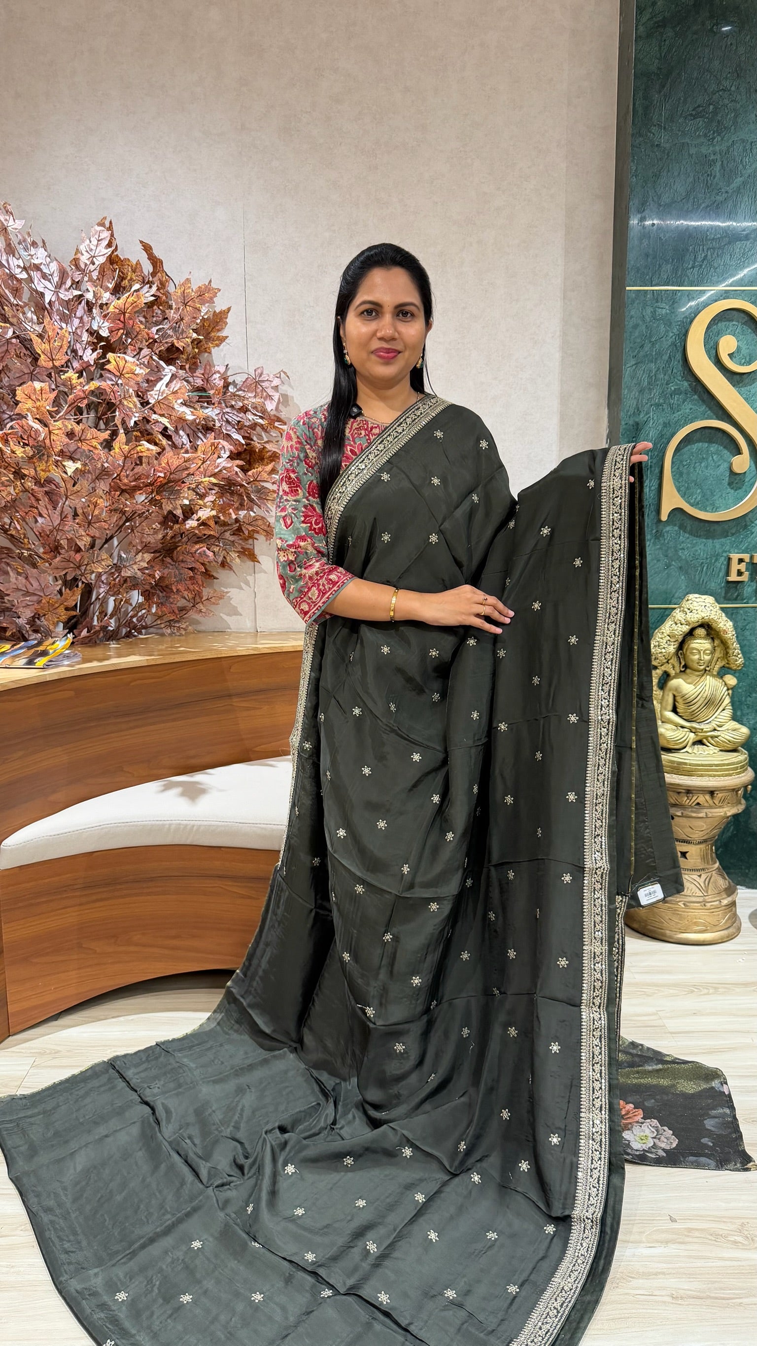Chinnon crepe work saree algae green
