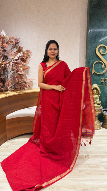 Red linen Paithani saree