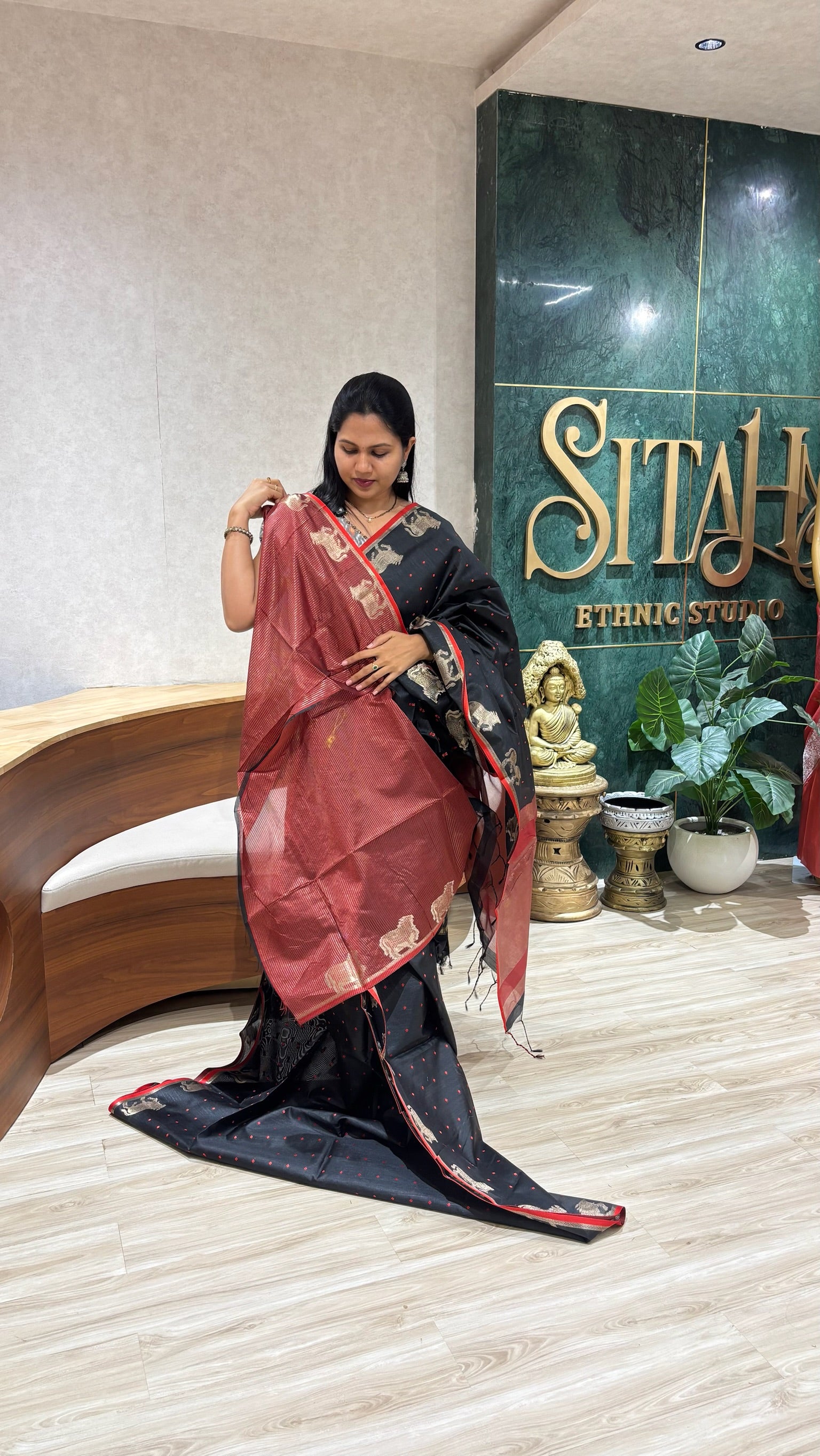 Tussar designed cow buti- black