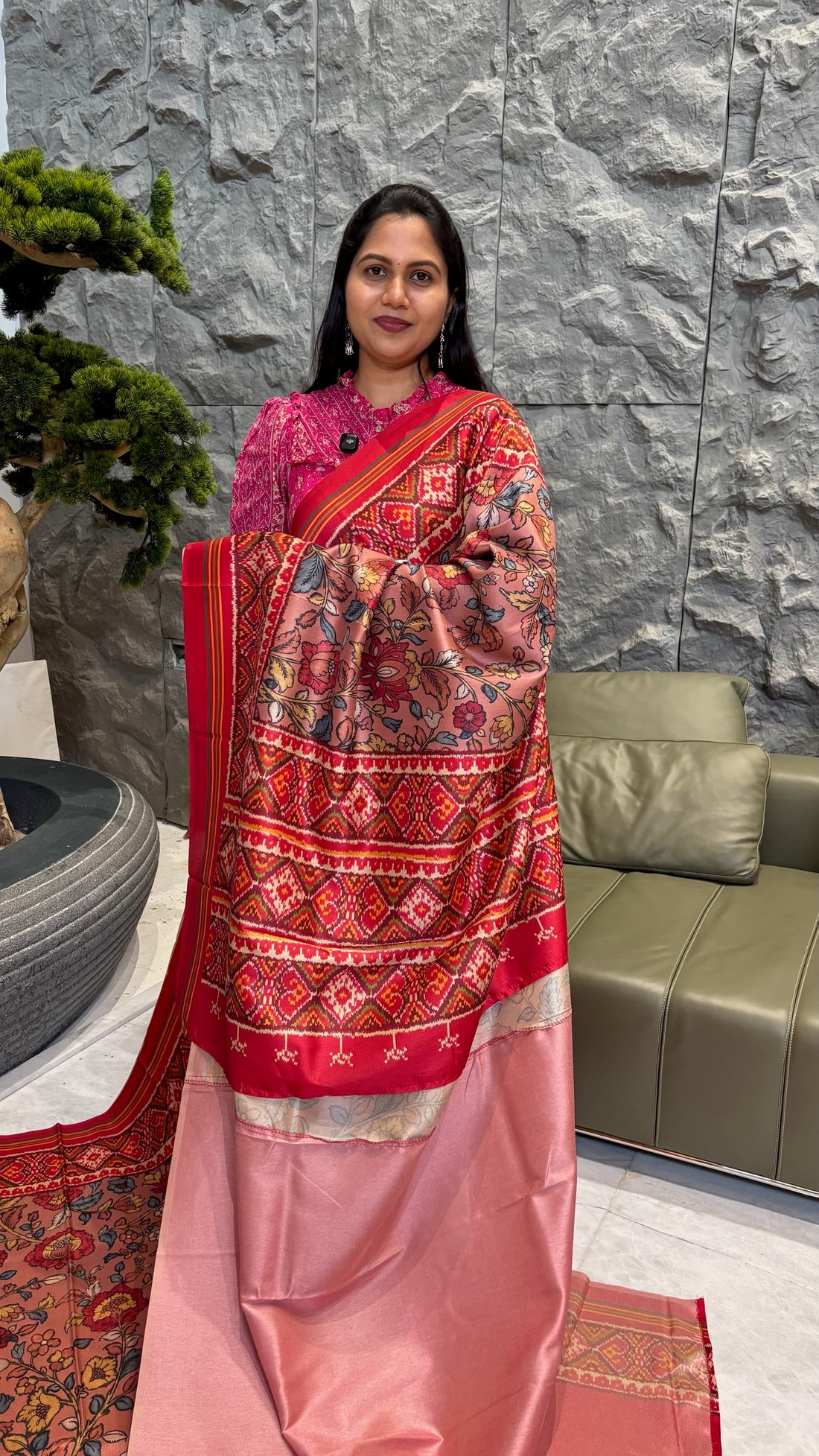 Tussar kalamkari Patola peach