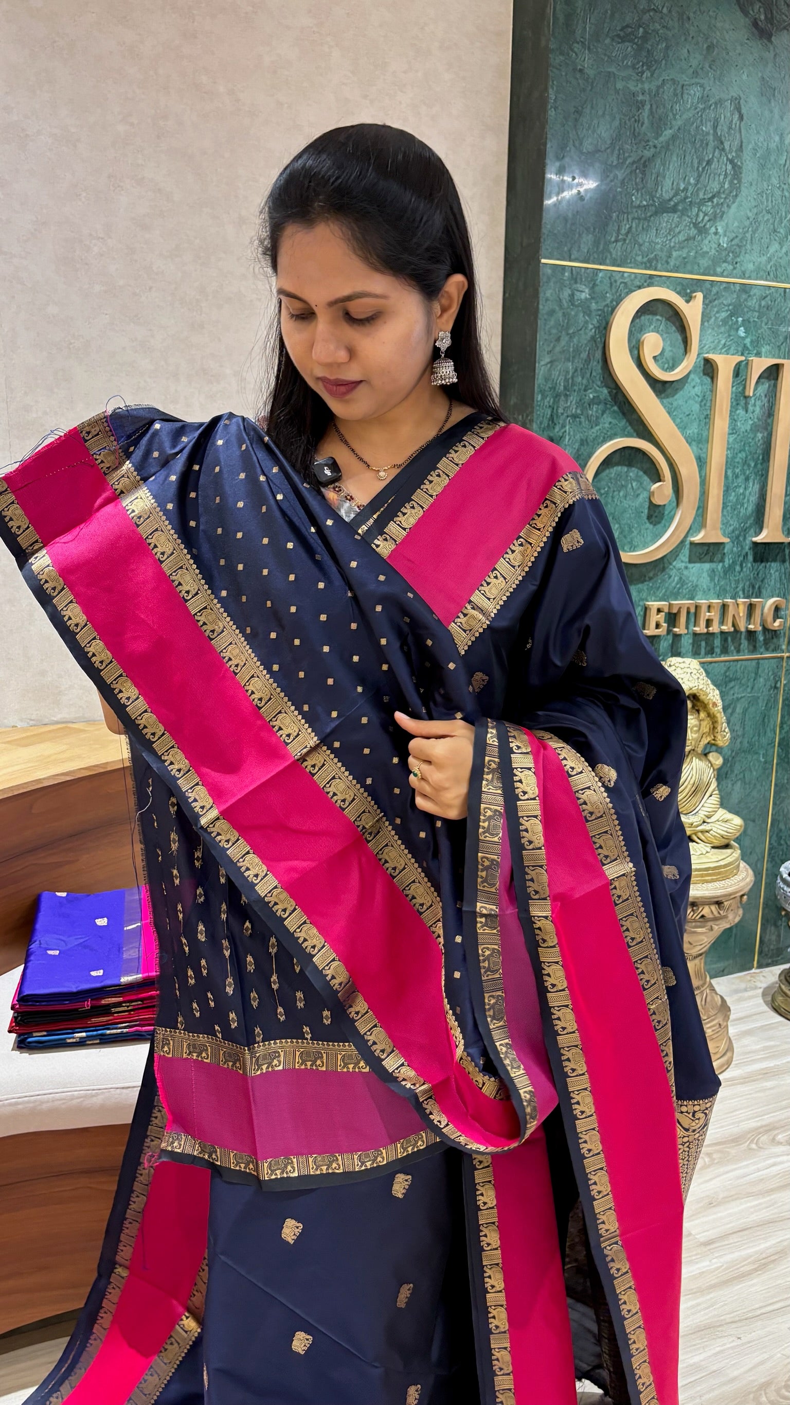 Semi pattu navy blue-pink