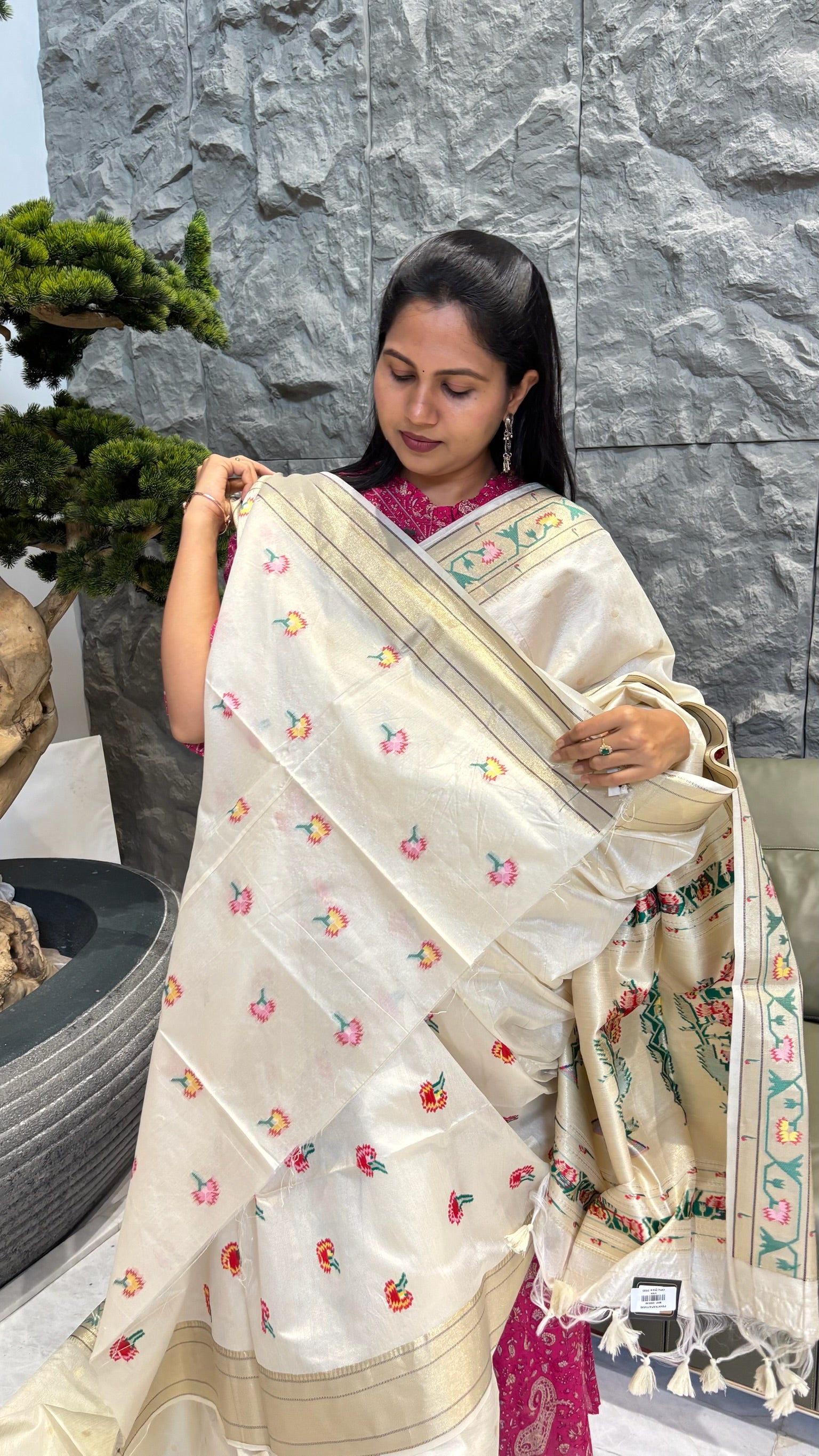 Tussar paithani creamwhite