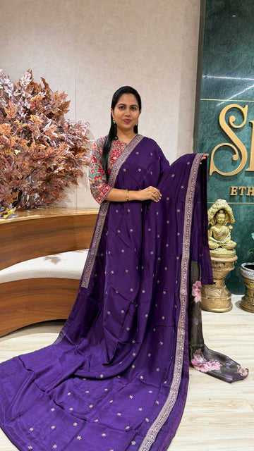 Chinnon crepe work saree purple