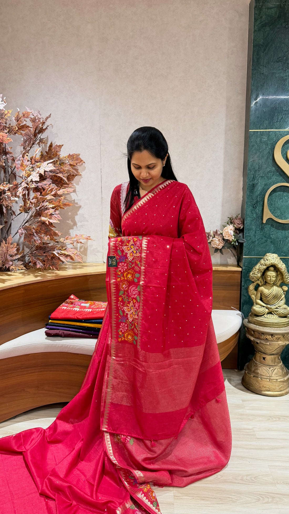 Tussar embroidery rani pink