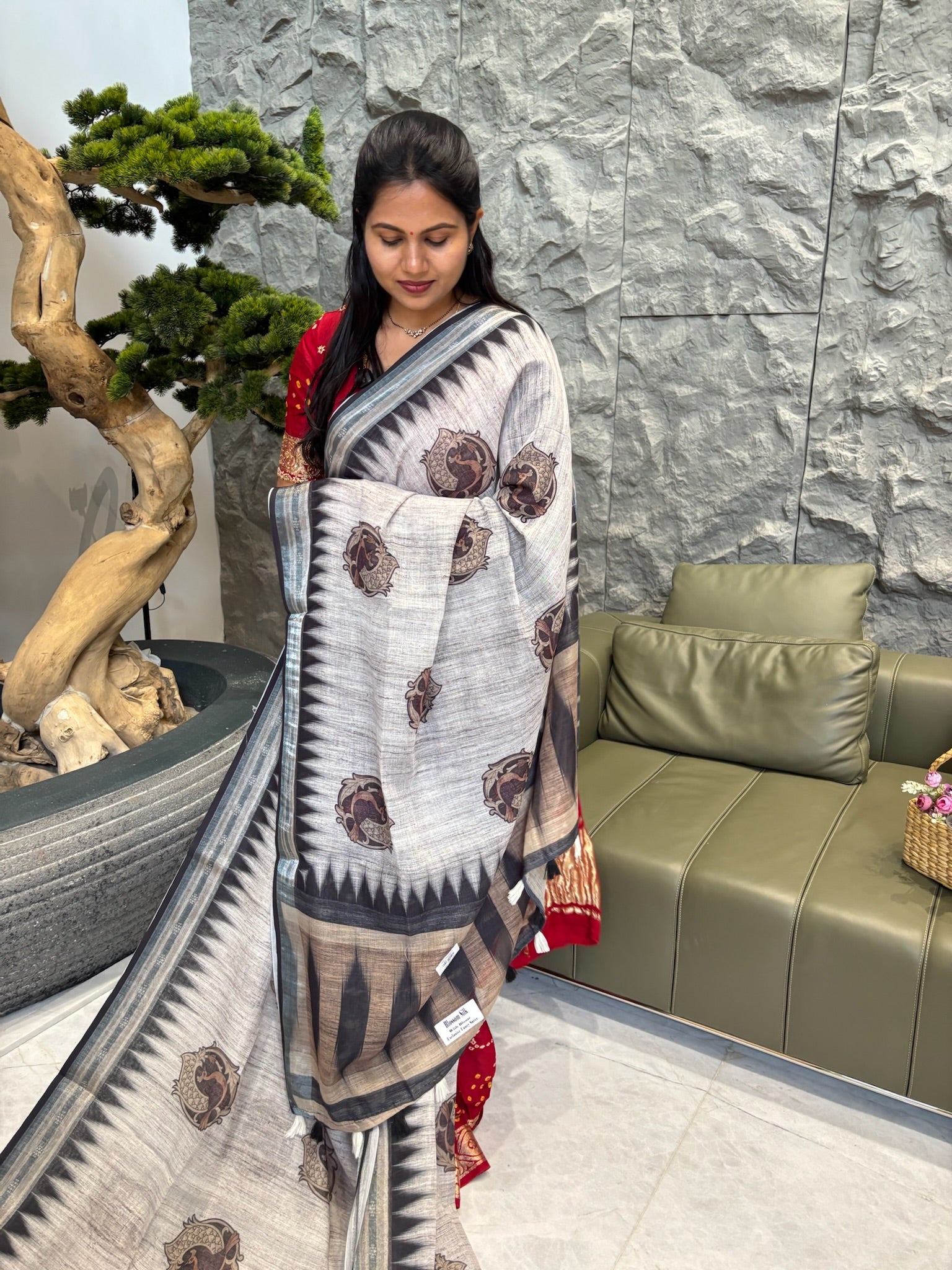 Grey linen single peacock design