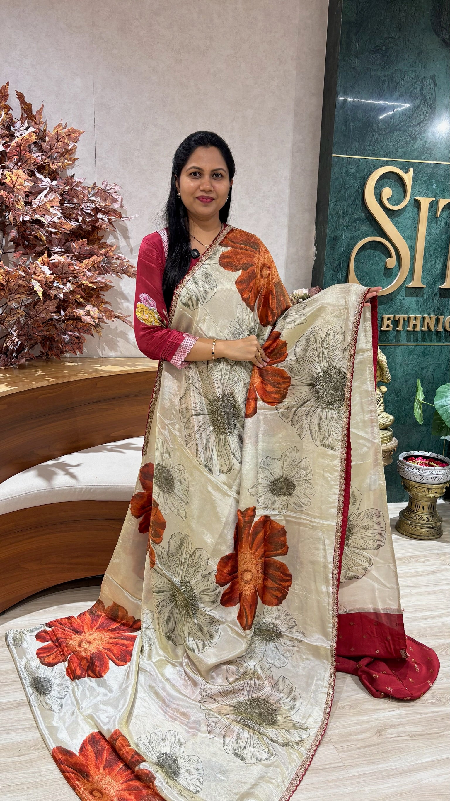 Georgette work borders rust flowers