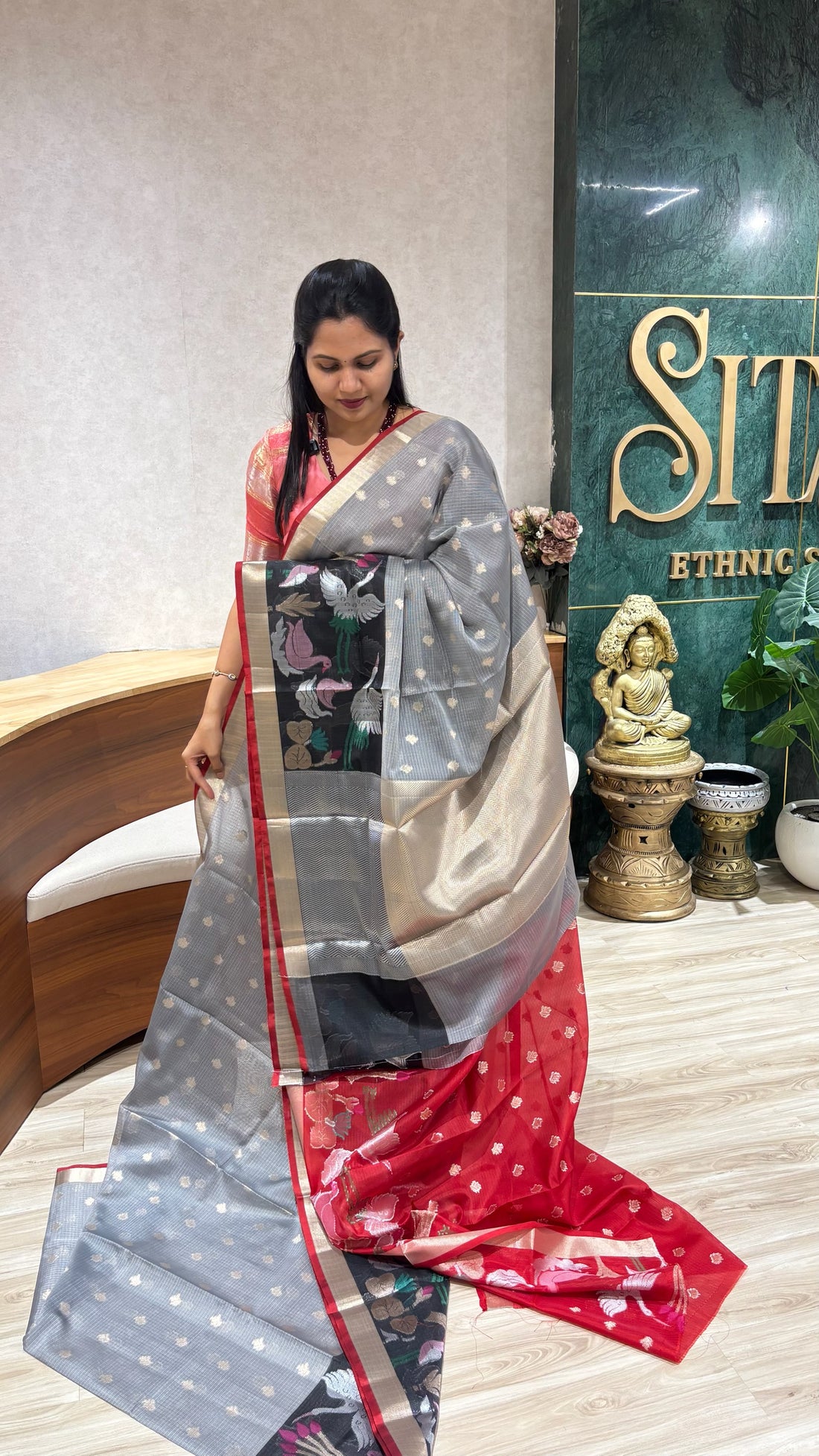 Silk kota saree grey black
