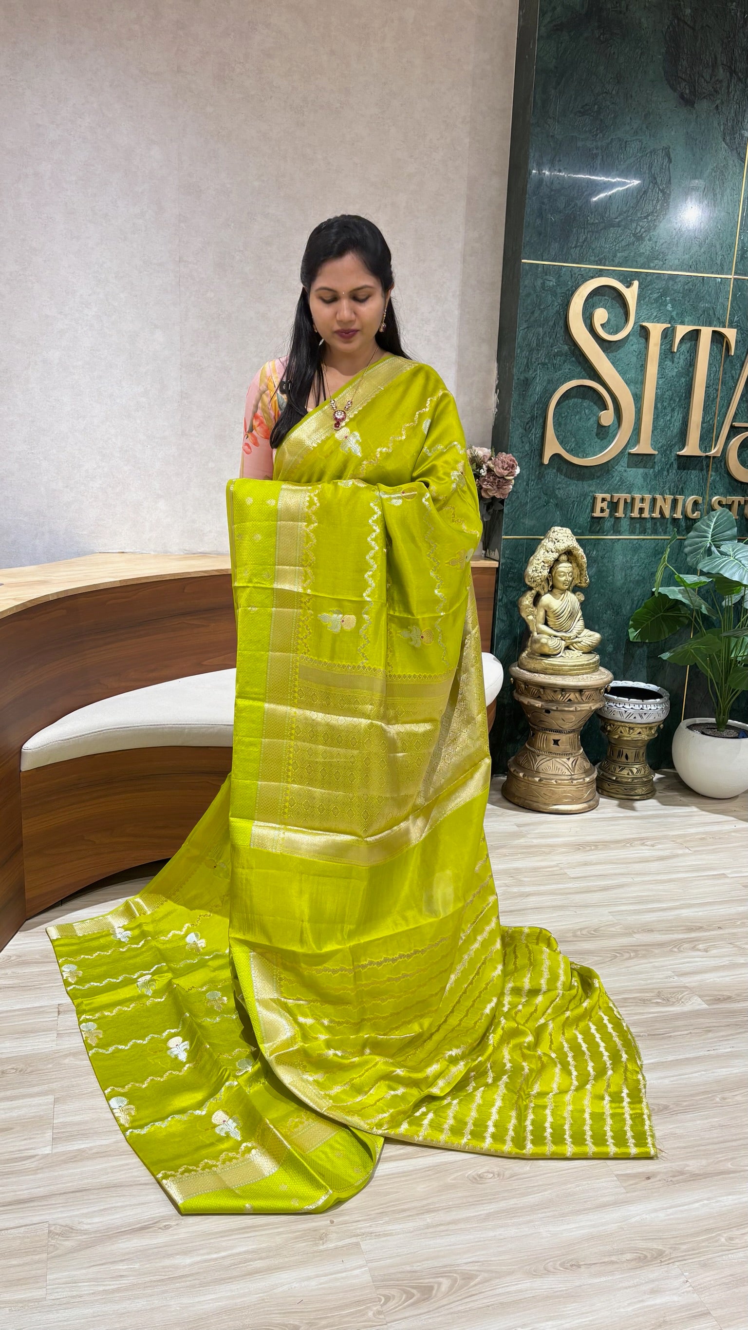 Pure Chanderi saree parrot green