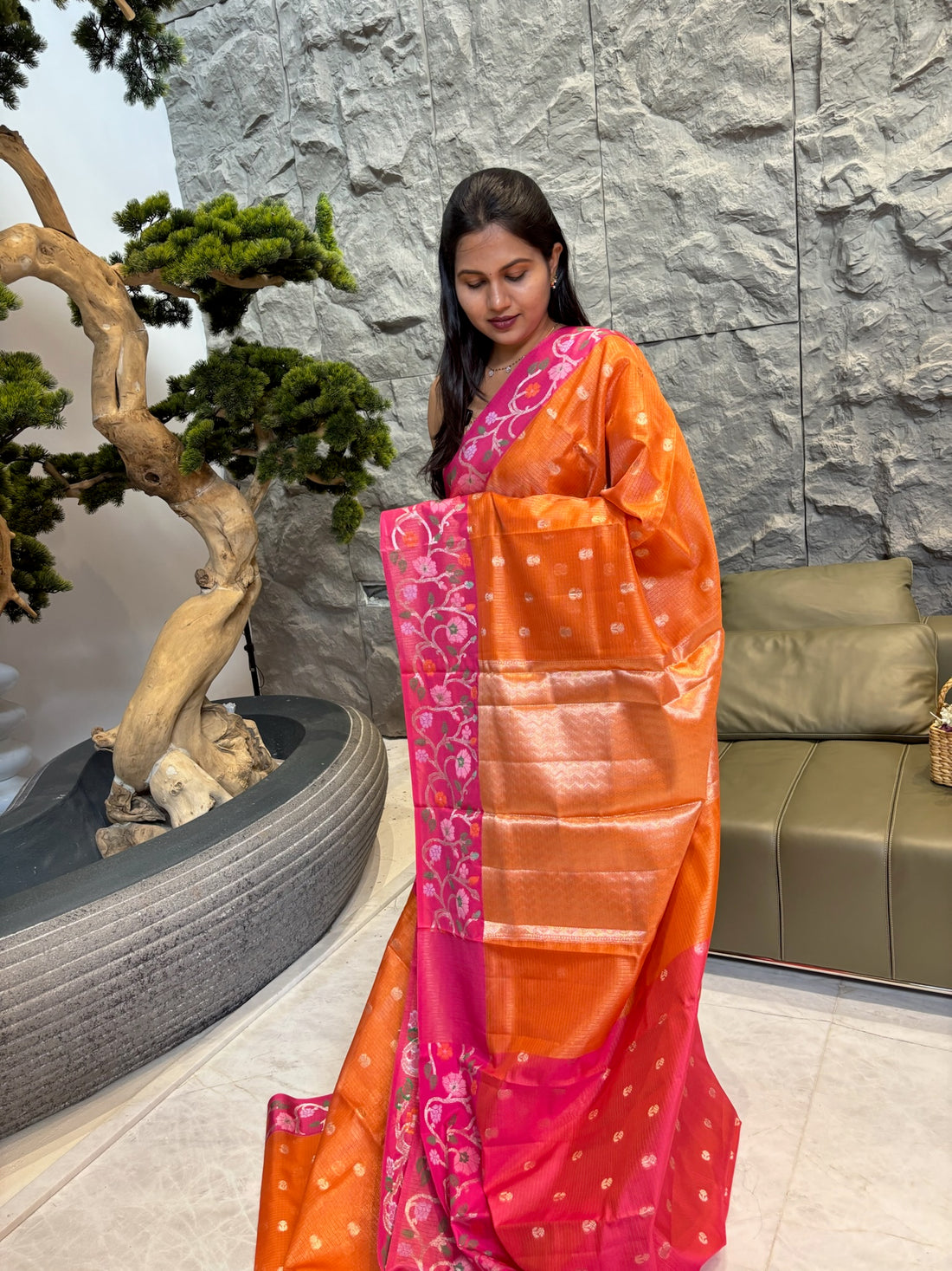 Orange pink kota saree