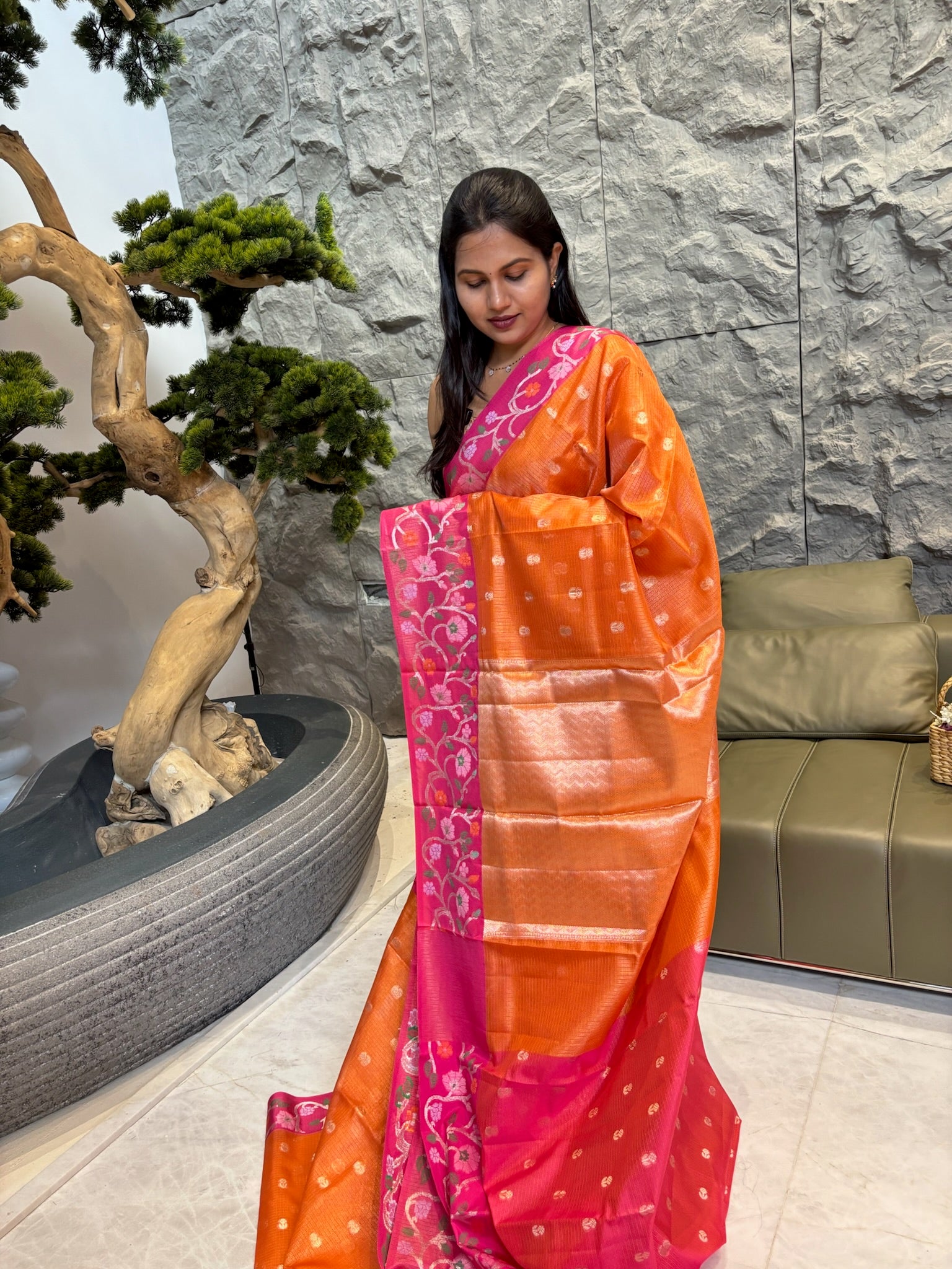 Orange pink kota saree