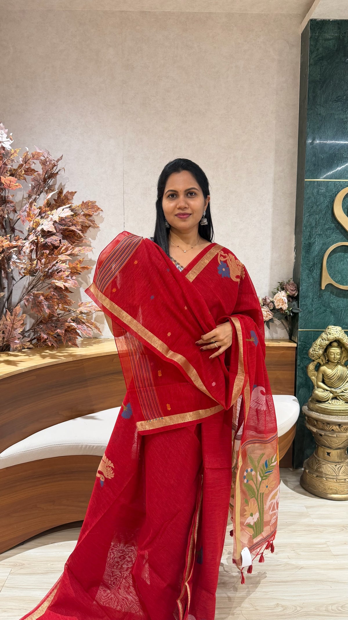 Red linen saree