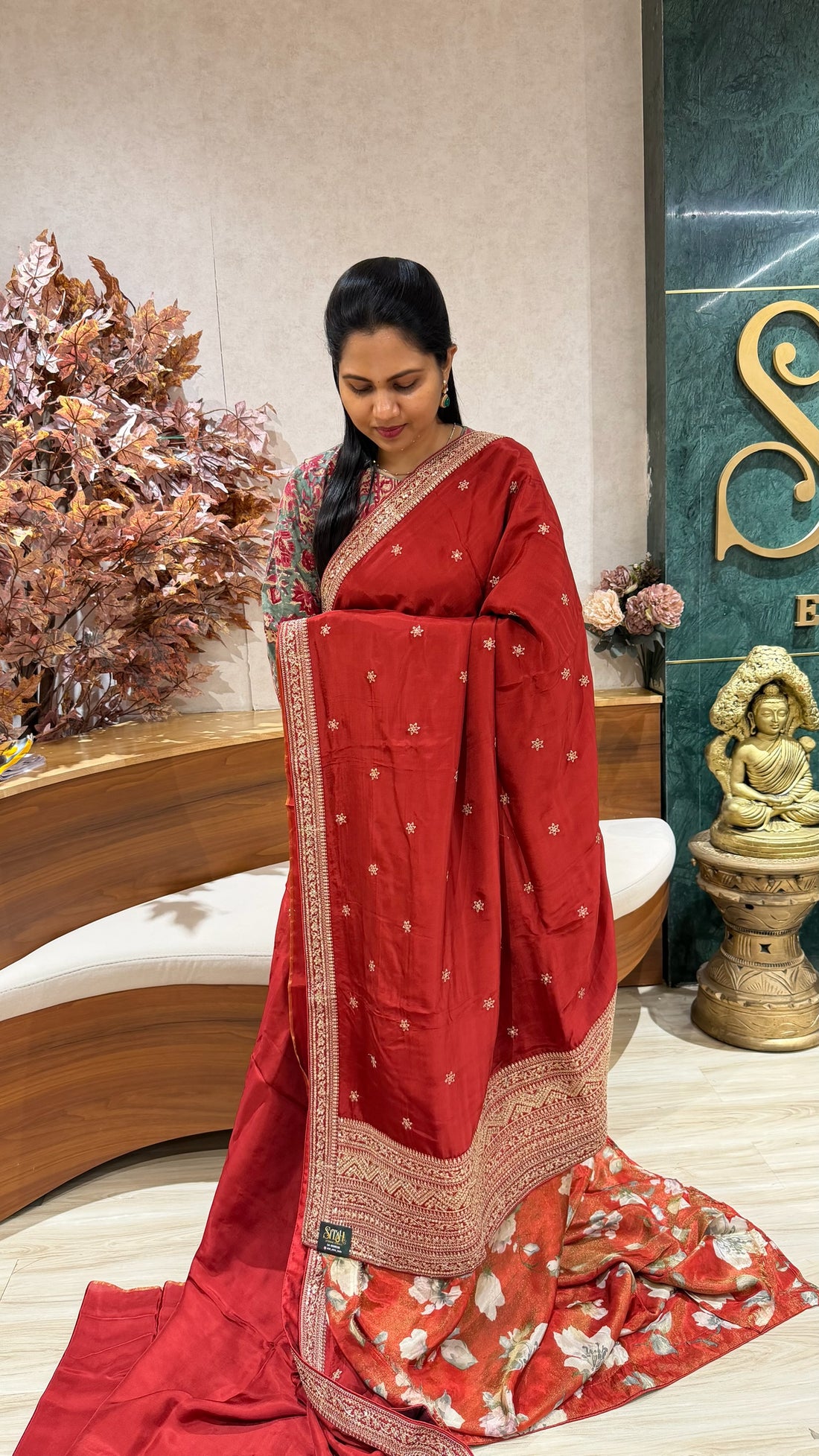 Chinnon crepe work saree red