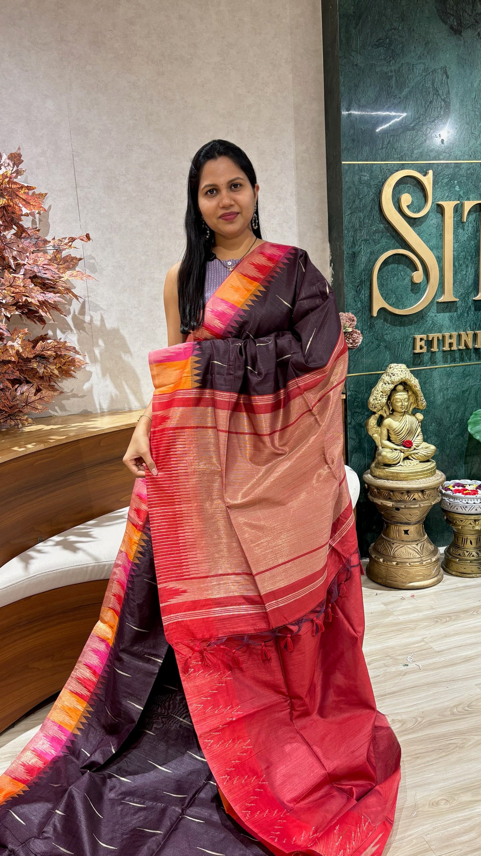 Fancy tussar temple border wine
